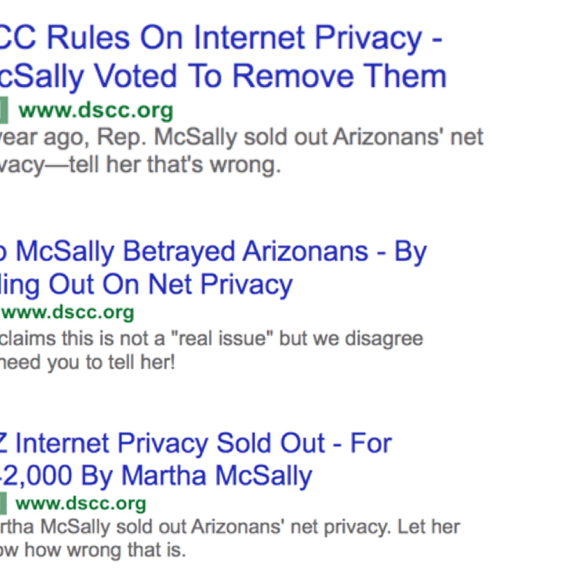 The DSCC has launched a slew of ads on Google highlighting her vote for rolling back internet privacy protections.