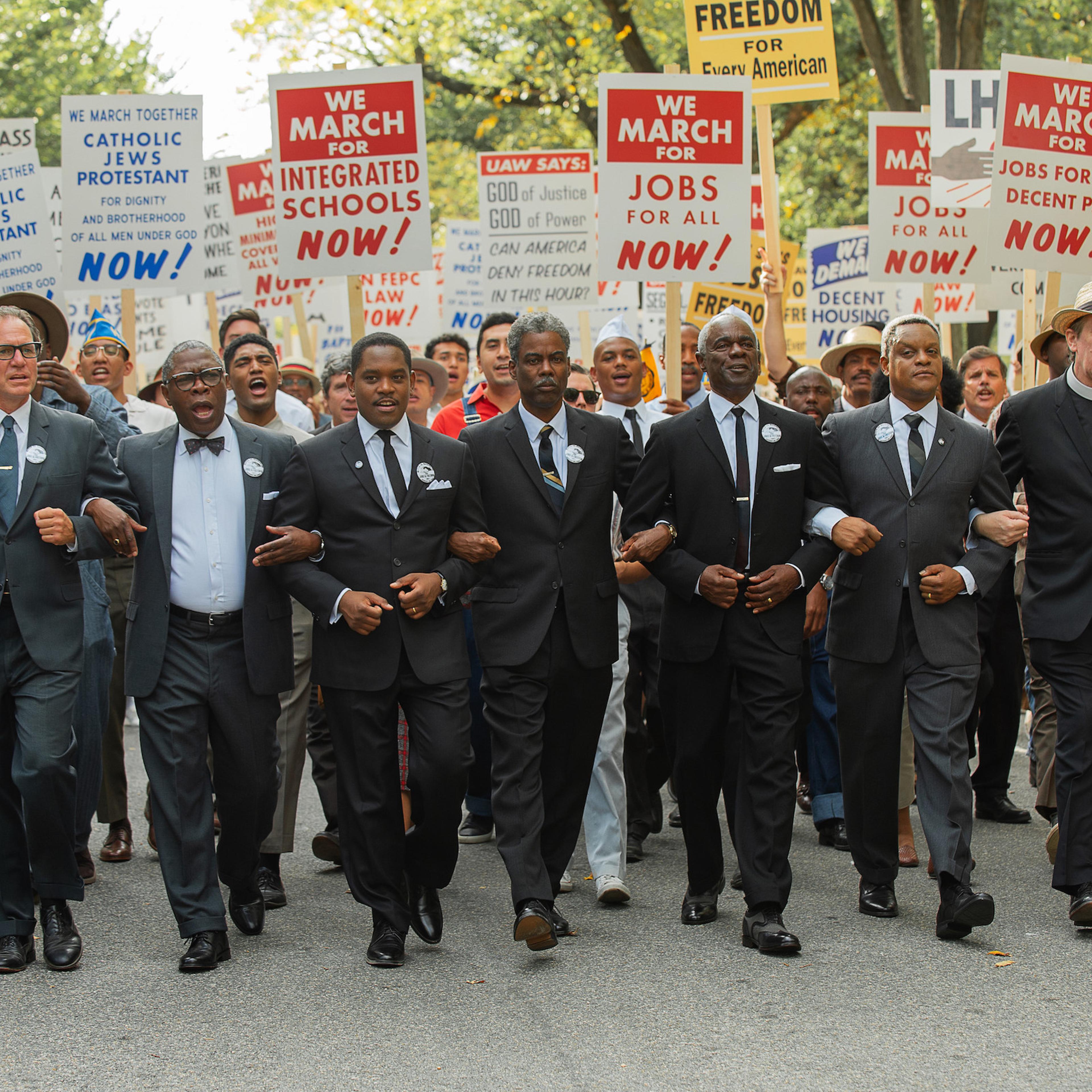 (L to R) Michael Potts as Cleve Robinson, Aml Ameen as Martin Luther King Jr., Chris Rock as Roy Wilkins, Glynn Turman as A. Philip Randolph, and Kevin Mambo as Whitney Young in 'Rustin.'
