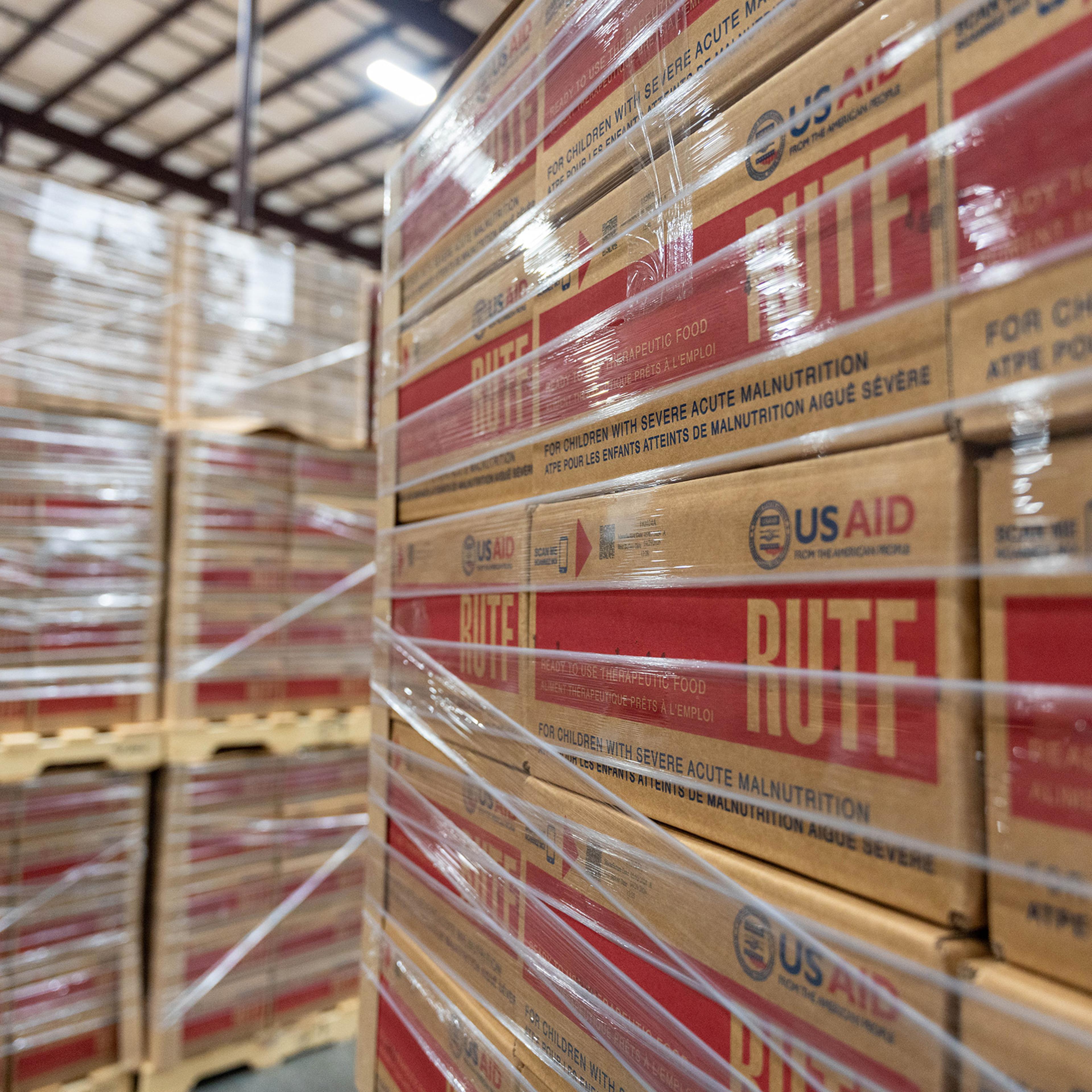 Boxes of Ready-to-Use Therapeutic Food (RUTF) at the MANA Nutrition Factory in Fitzgerald, Georgia where they are being produced