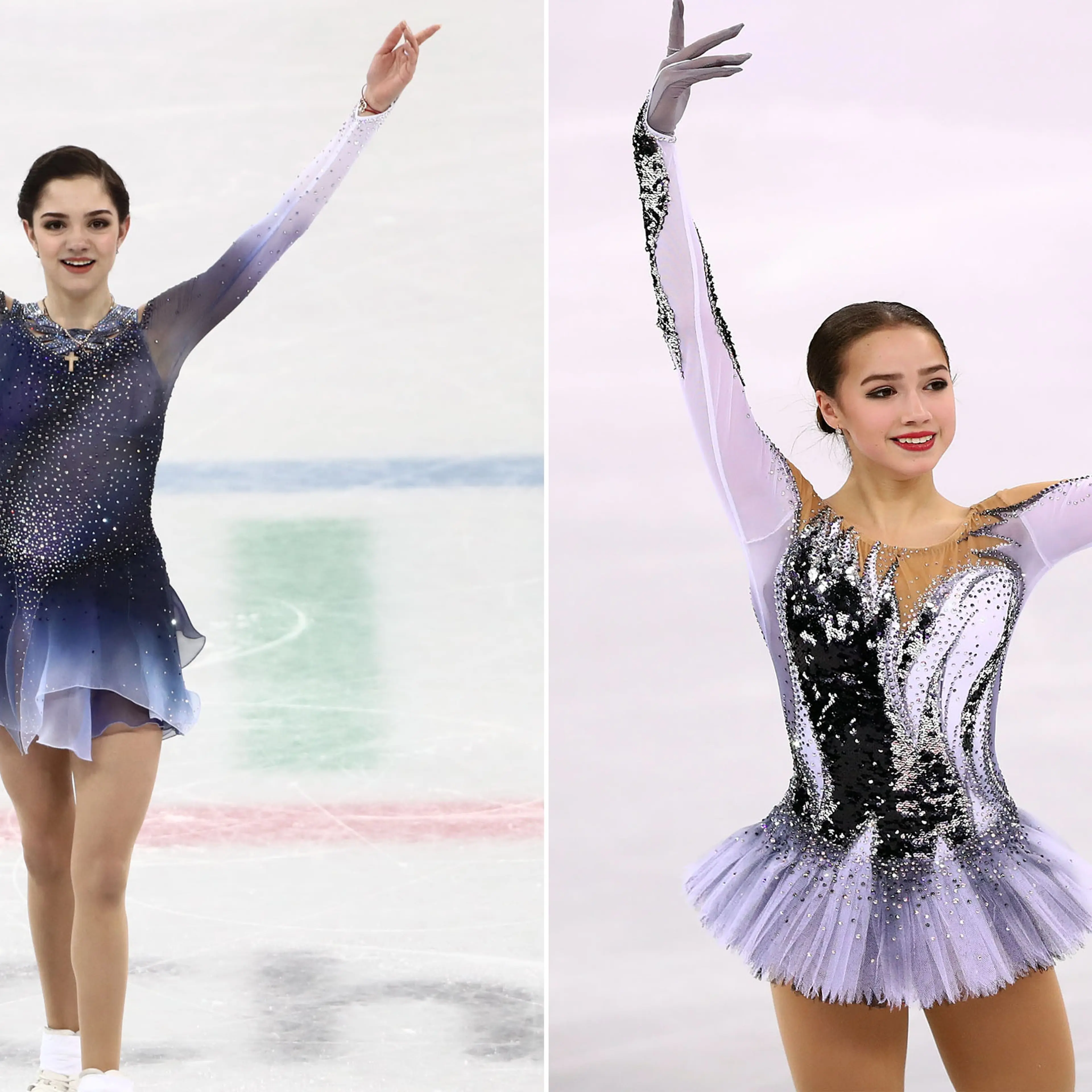 Figure skater Evgenia Medvedeva, Olympic Athlete from Russia, acknowledges the audience after performing during the ladies' short programme as part of the figure skating competition at the 2018 Winter Olympic Games; lina Zagitova of Russia competes during the Ladies Single Skating Short Program on day twelve of the PyeongChang 2018 Winter Olympic Games at Gangneung Ice Arena on February 21, 2018