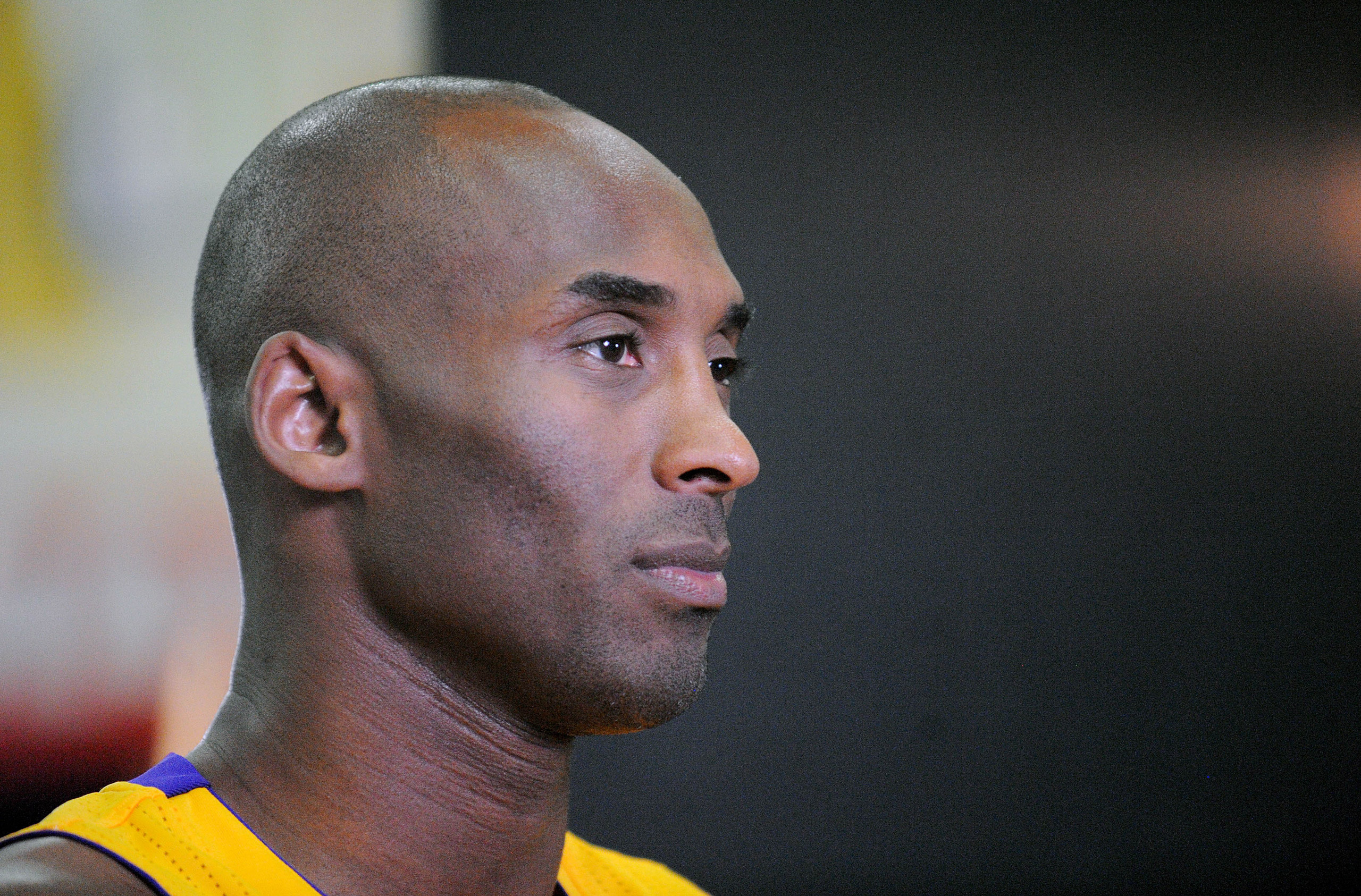September 28, 2015; El Segundo, CA, USA; Los Angeles Lakers guard Kobe Bryant is interviewed during media day at Toyota Sports Center. Mandatory Credit: Gary A. Vasquez-USA TODAY Sports - RTX1SYIV