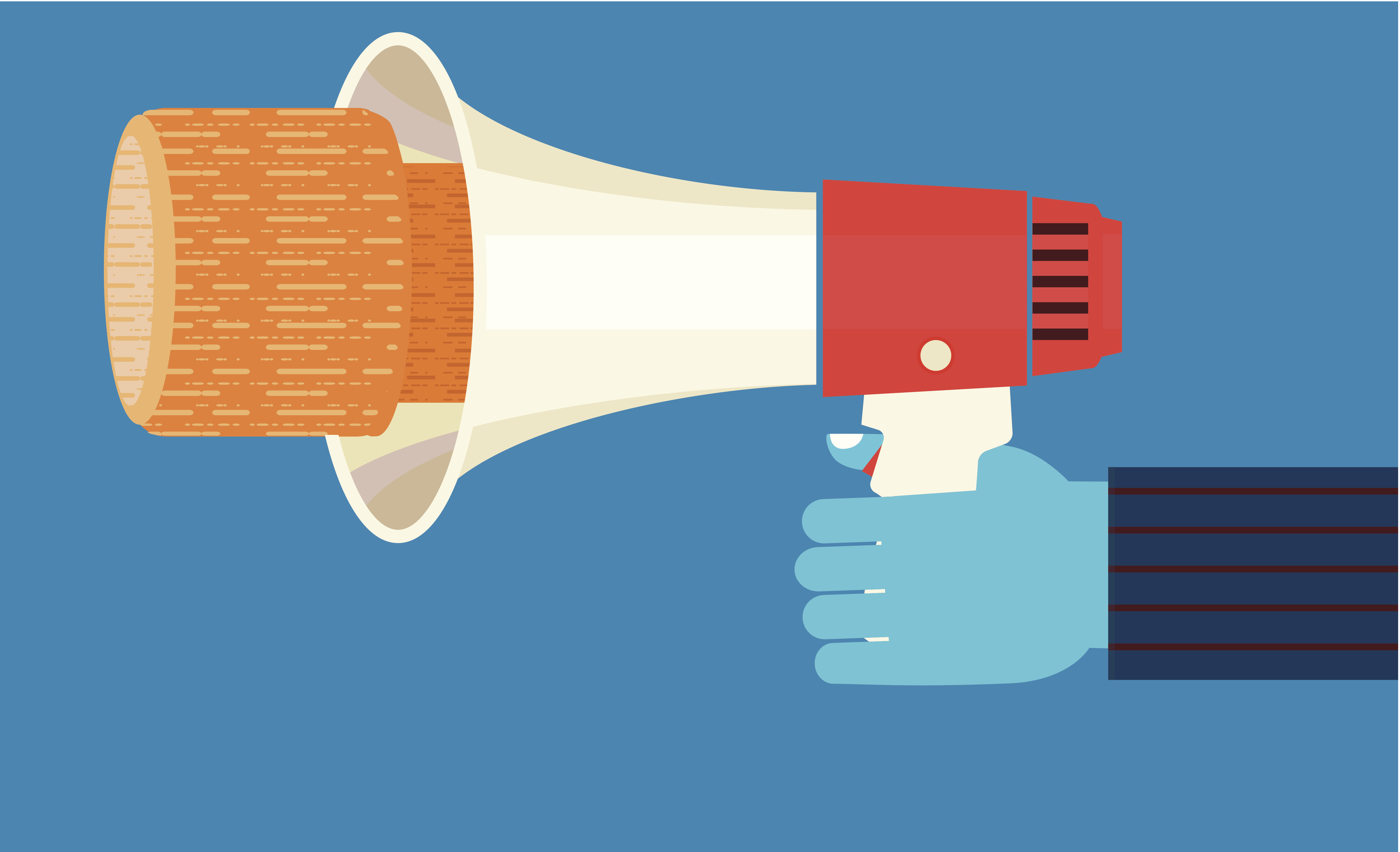 Hand holding bullhorn blocked by cork stopper