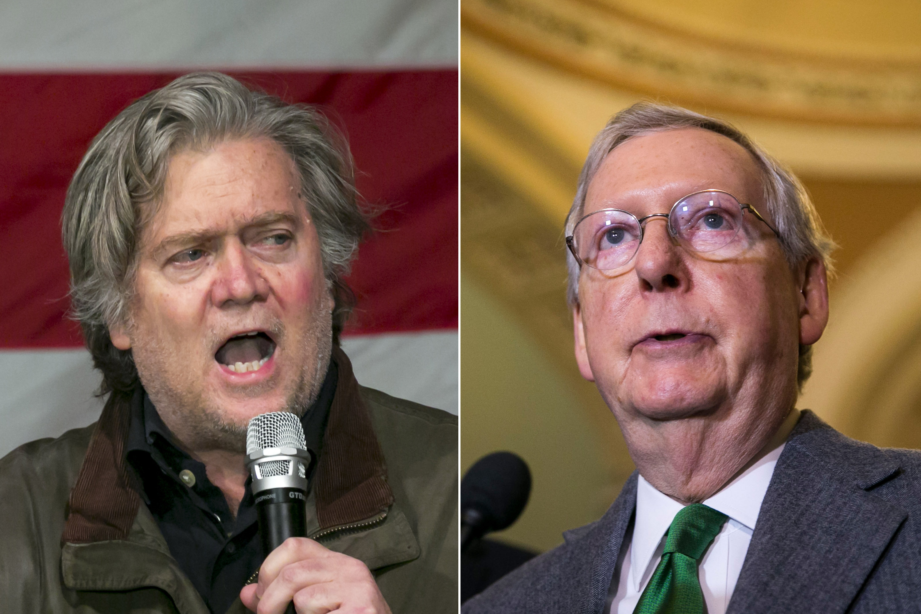 This composite image shows chairman of Breitbart News Network Steve Bannon and Senate Majority Leader Mitch McConnell.