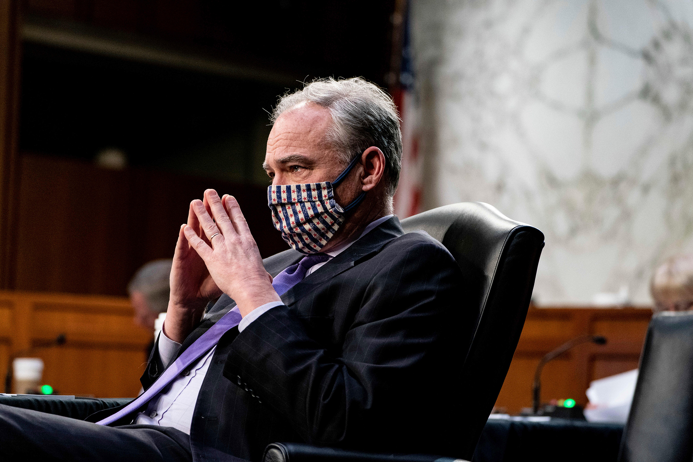 Sen. Tim Kaine listens during a Senate Health, Education, Labor and Pensions Committee hearing on the federal coronavirus response on Capitol Hill in Washington, D.C., March 18, 2021.