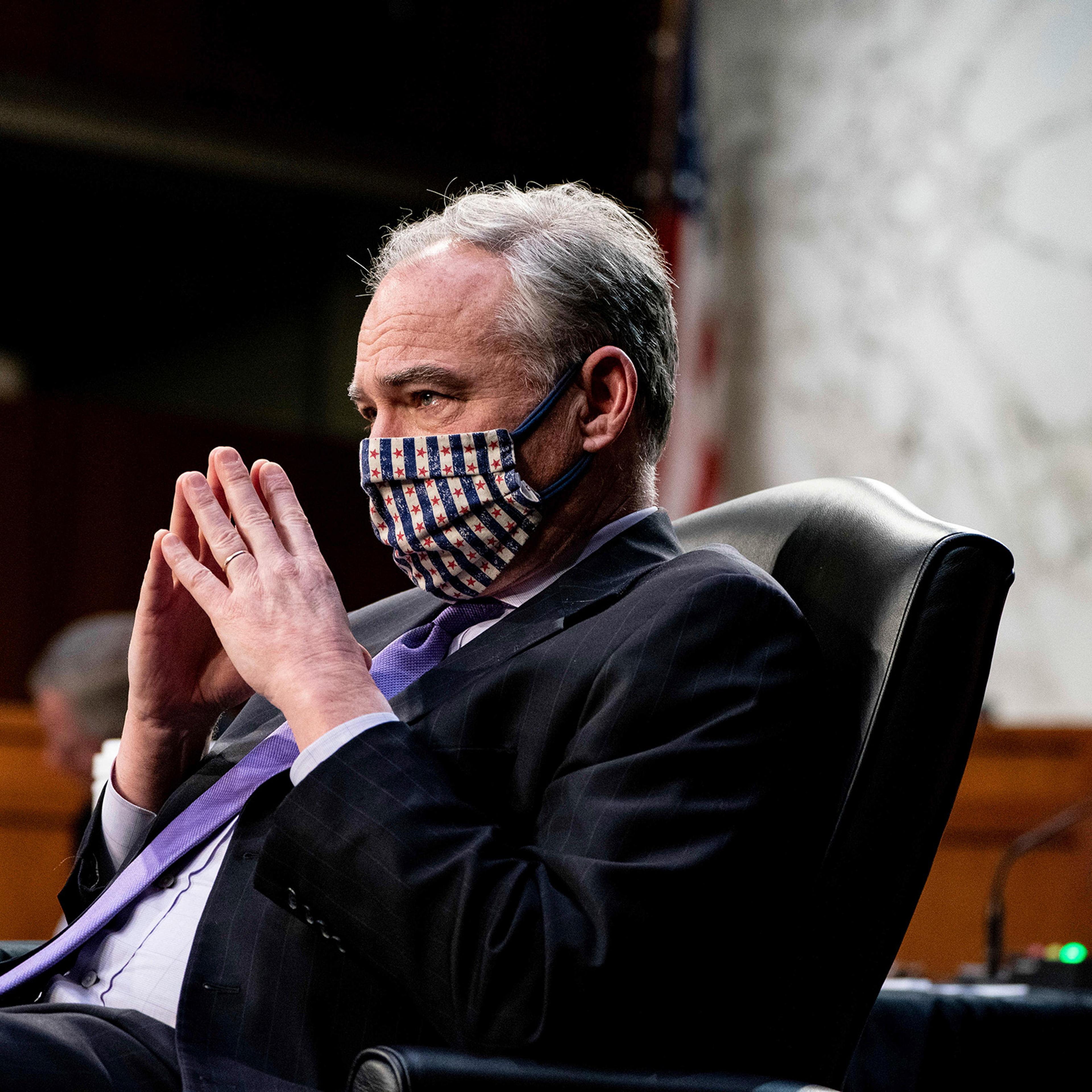 Sen. Tim Kaine listens during a Senate Health, Education, Labor and Pensions Committee hearing on the federal coronavirus response on Capitol Hill in Washington, D.C., March 18, 2021.