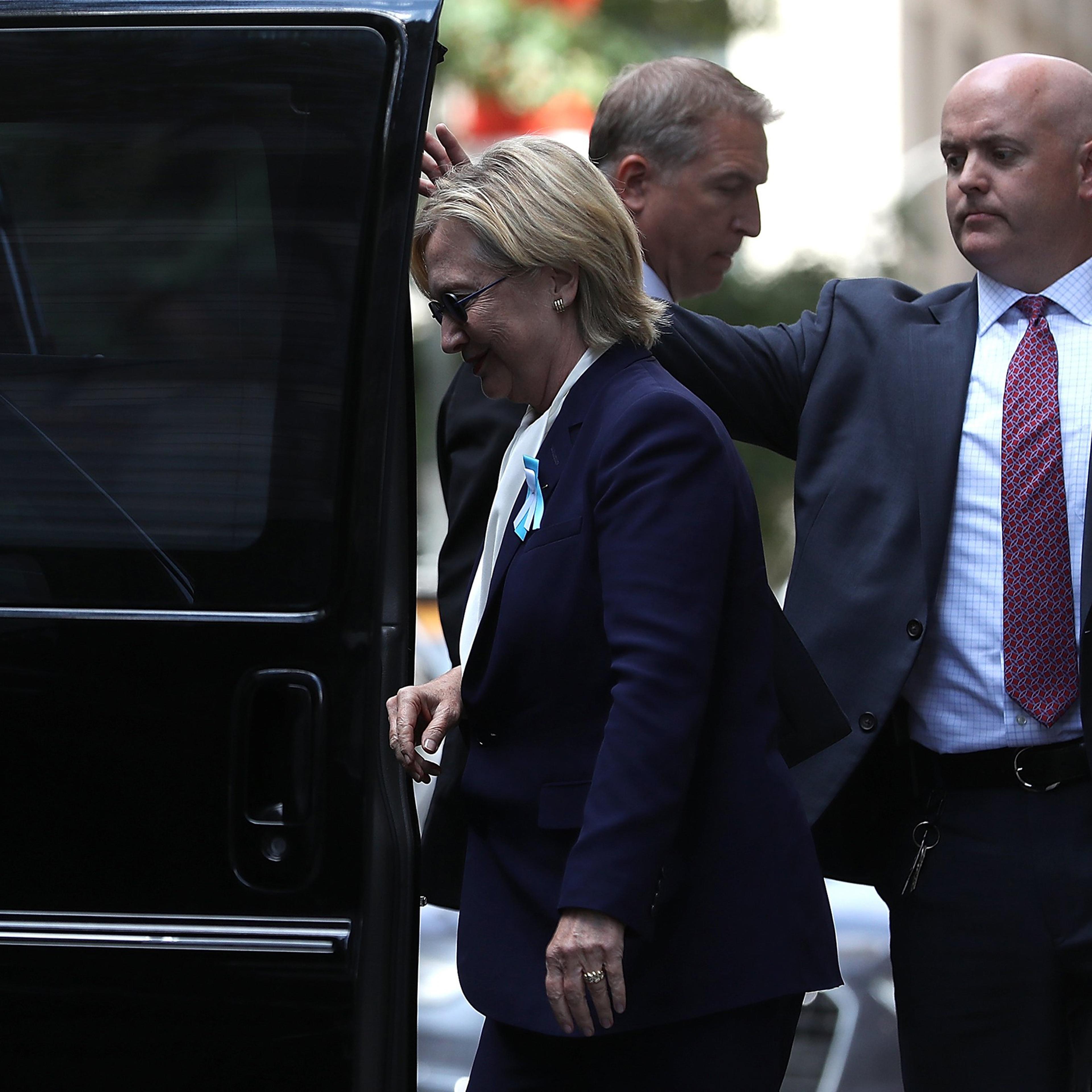 Hillary Clinton gets into a van as she leaves the home of her daughter Chelsea Clinton in New York City on Sept. 11, 2016.