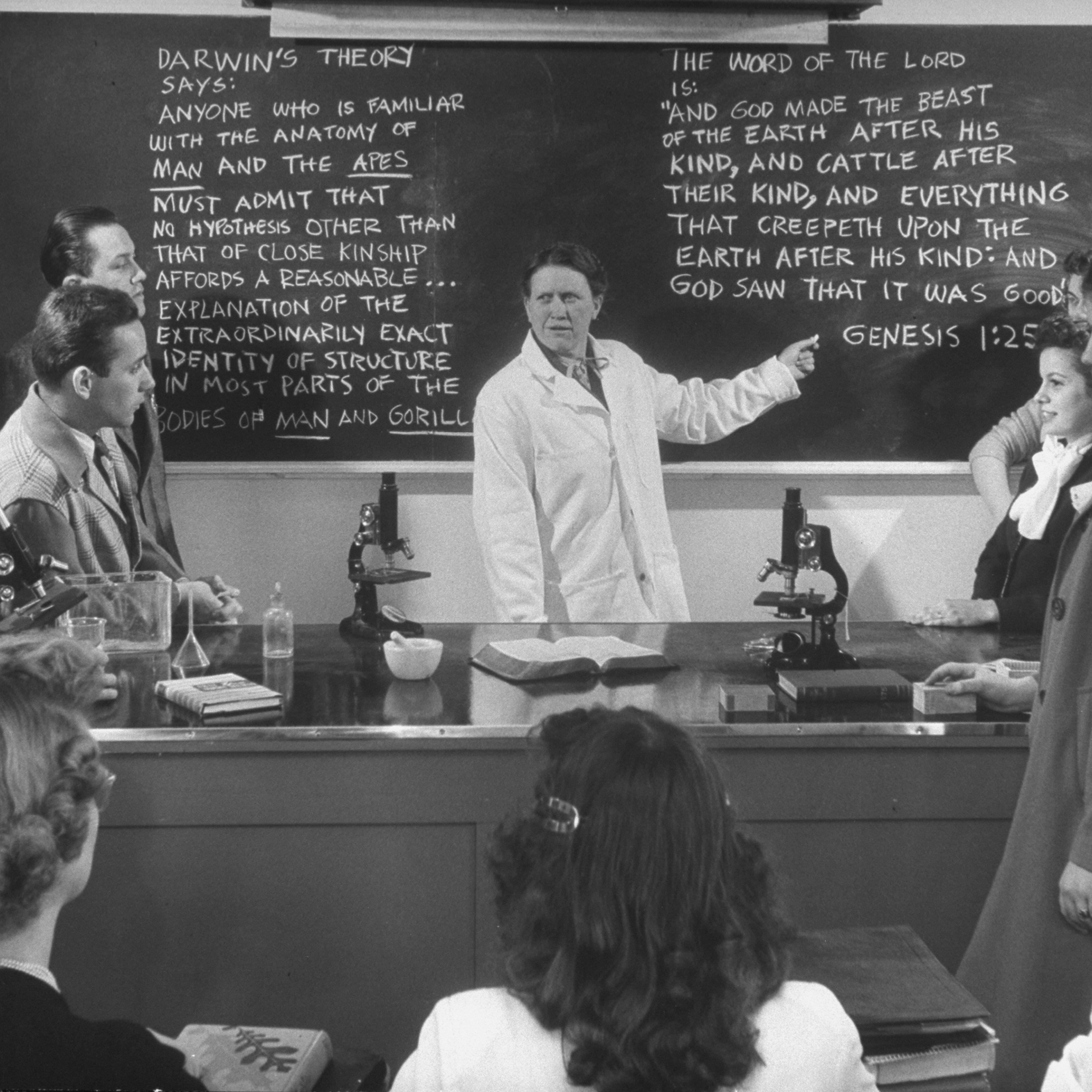 Back to the future? At South Carolina's Bob Jones University, Dr. Maude Stout "teaches the controversy" over evolution in 1948.