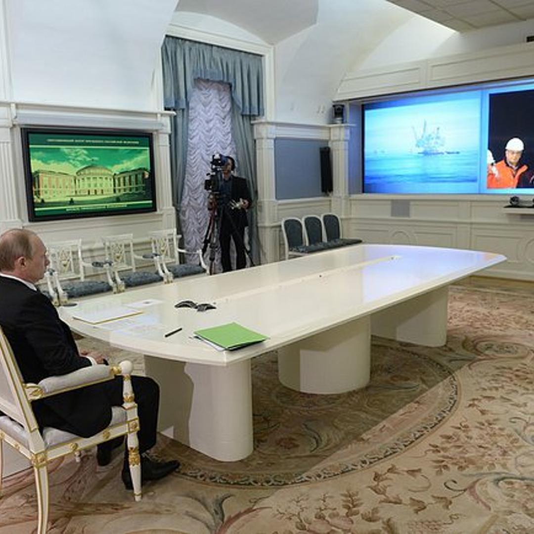 President of Russia Vladimir Putin holds a video conference with Berkut oil rig, which was put into operation as part of the oil and gas project Sakhalin 1 on June 27, 2014 in Moscow.