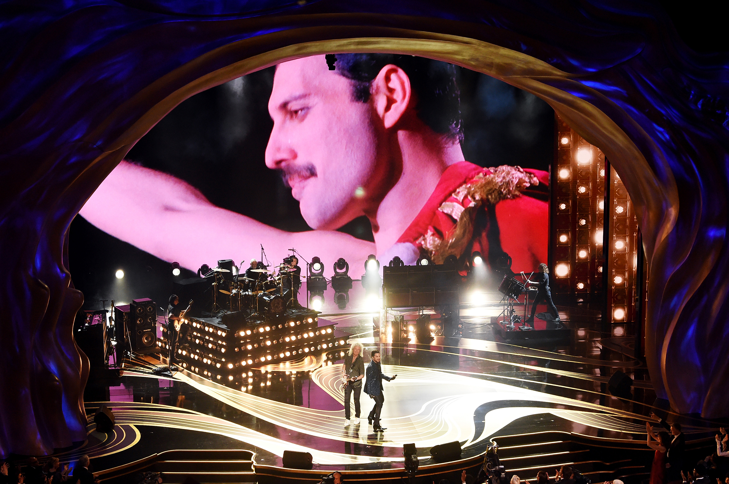 An image of the late Freddie Mercury is projected onto a screen while Adam Lambert + Queen perform onstage during the 91st Annual Academy Awards at Dolby Theatre on Feb. 24, 2019.