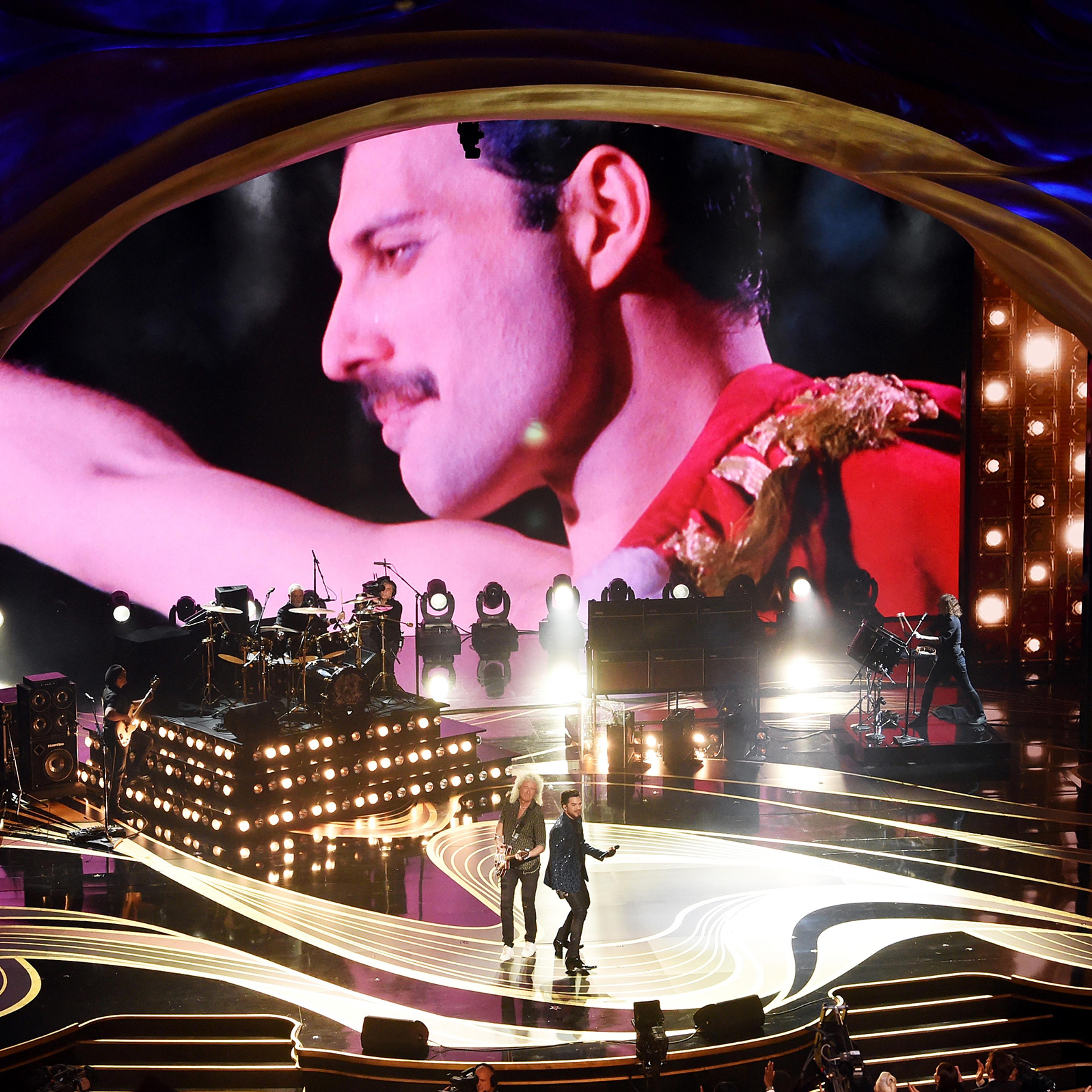 An image of the late Freddie Mercury is projected onto a screen while Adam Lambert + Queen perform onstage during the 91st Annual Academy Awards at Dolby Theatre on Feb. 24, 2019.