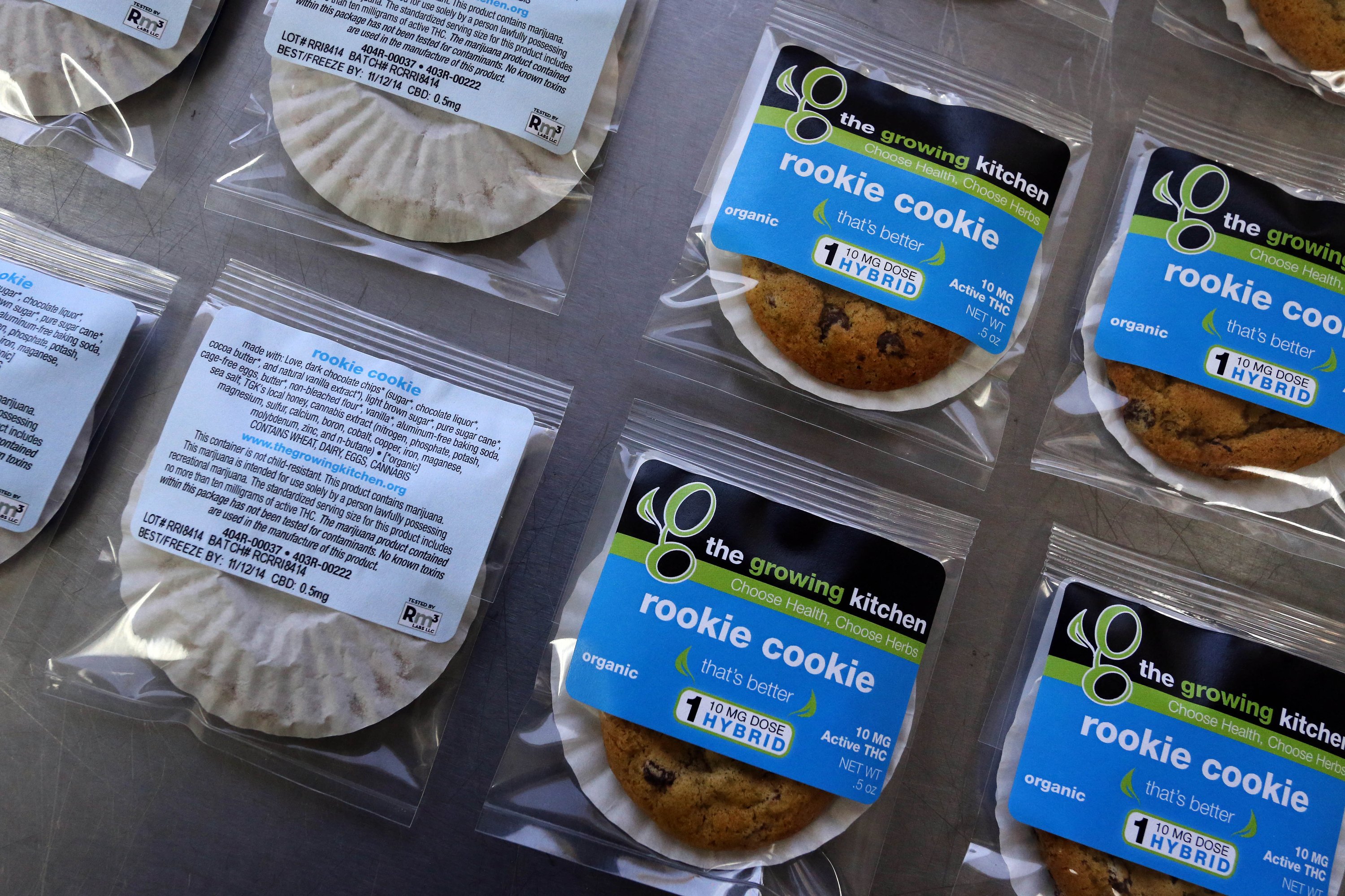 Pot-infused cookies, called the Rookie Cookie sit on the packaging table at The Growing Kitchen, in Boulder Colo. on Sept. 26, 2014.