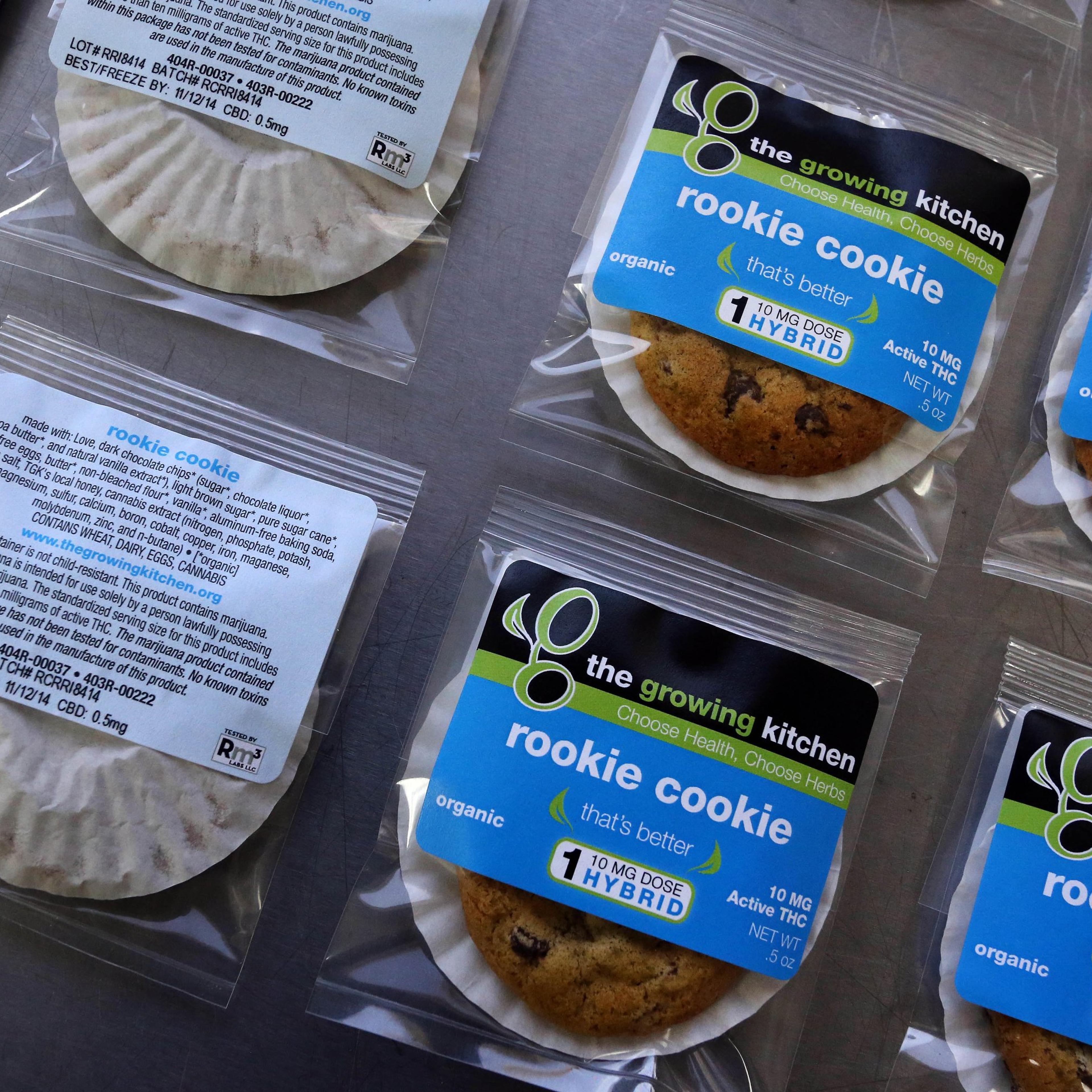 Pot-infused cookies, called the Rookie Cookie sit on the packaging table at The Growing Kitchen, in Boulder Colo. on Sept. 26, 2014.