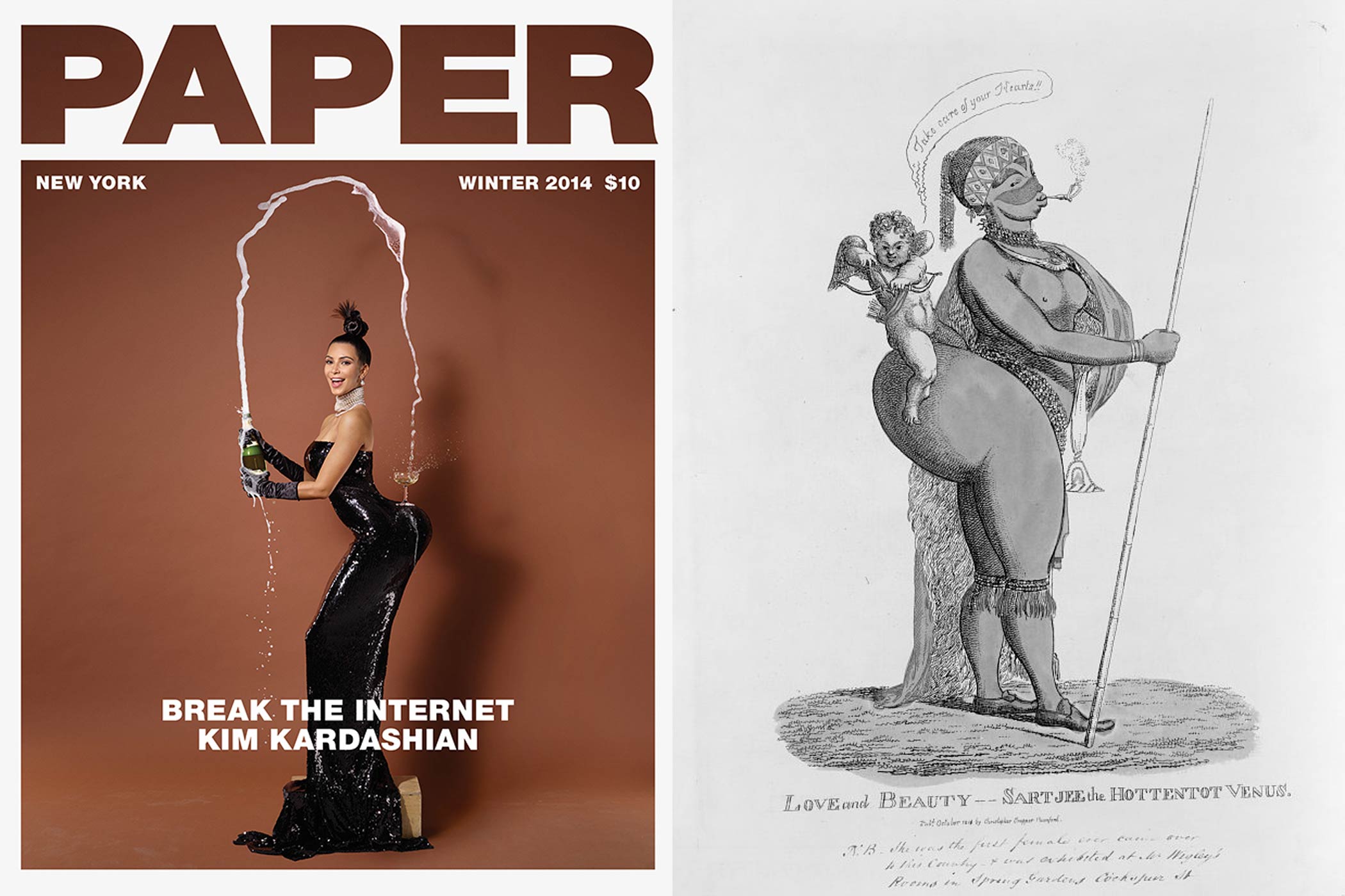 Kim Kardashian (L) on the cover of Paper Magazine and an illustration of Saartjie Baartman (R)