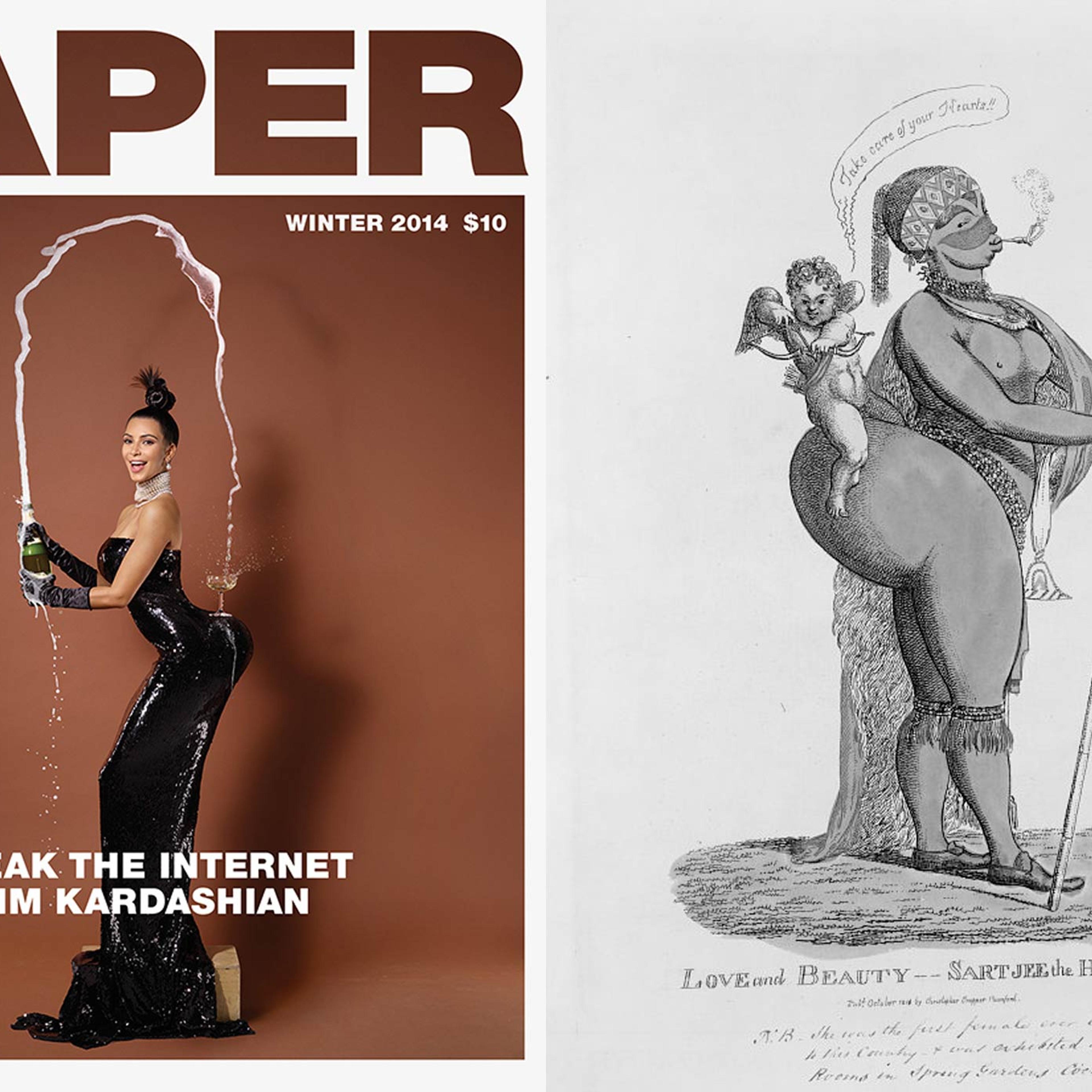 Kim Kardashian (L) on the cover of Paper Magazine and an illustration of Saartjie Baartman (R)