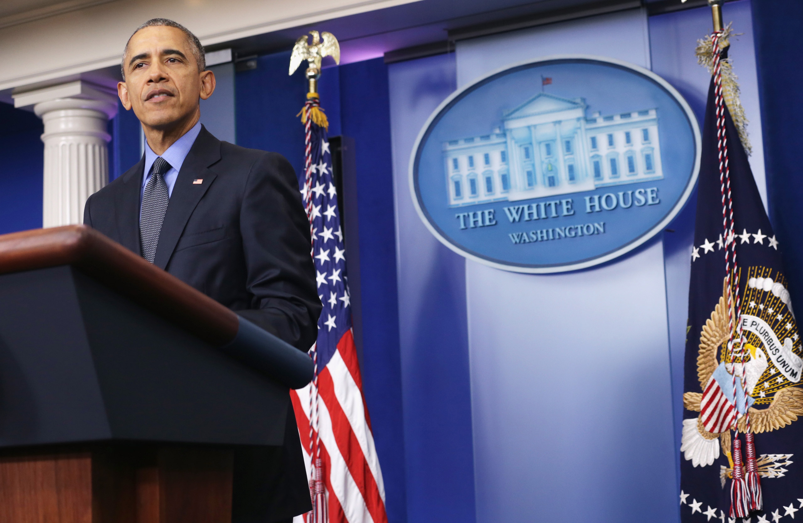 WASHINGTON, DC - DECEMBER 18: U.S. President Barack Obama speaks to the media during his year end news conference in the Brady Briefing Room at the White House December 18, 2015 in Washington, DC. Later today, Obama will travel to San Bernardino, Califor