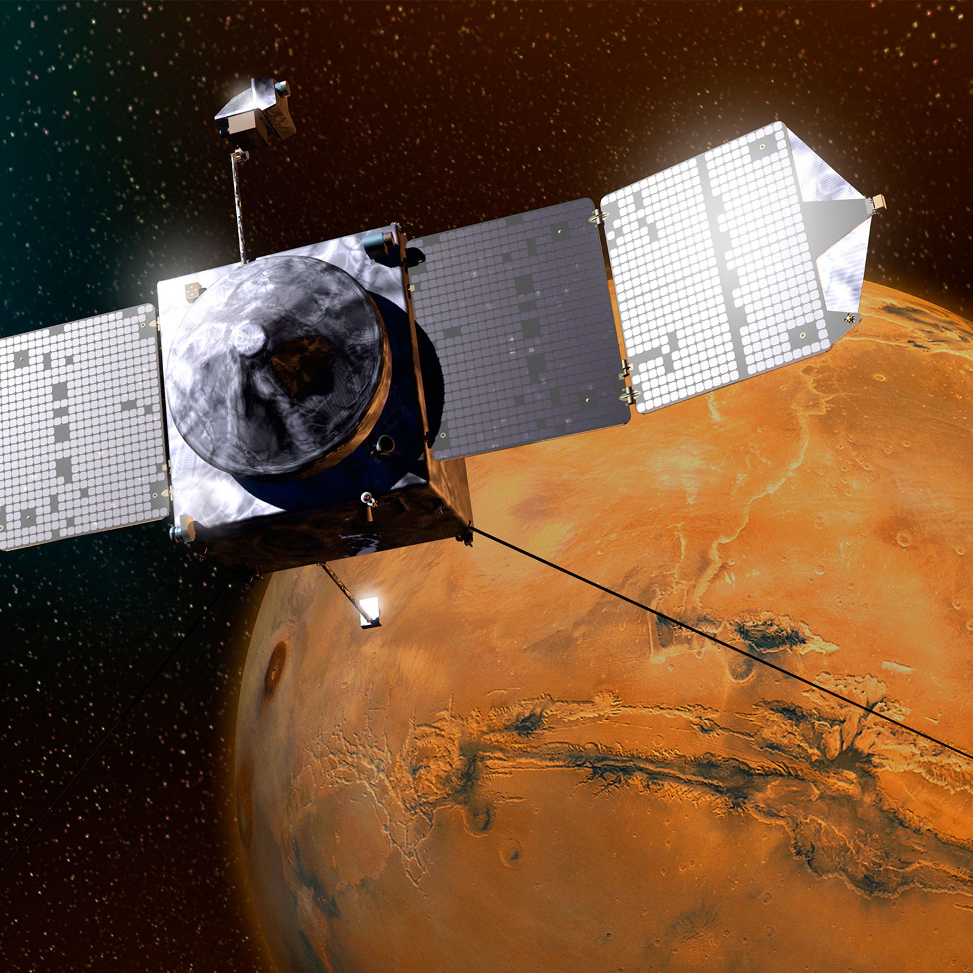 An artist concept of NASA's Mars Atmosphere and Volatile EvolutioN (MAVEN) mission. Launched in November 2013, the mission will explore the Red Planet’s upper atmosphere, ionosphere and interactions with the sun and solar wind.