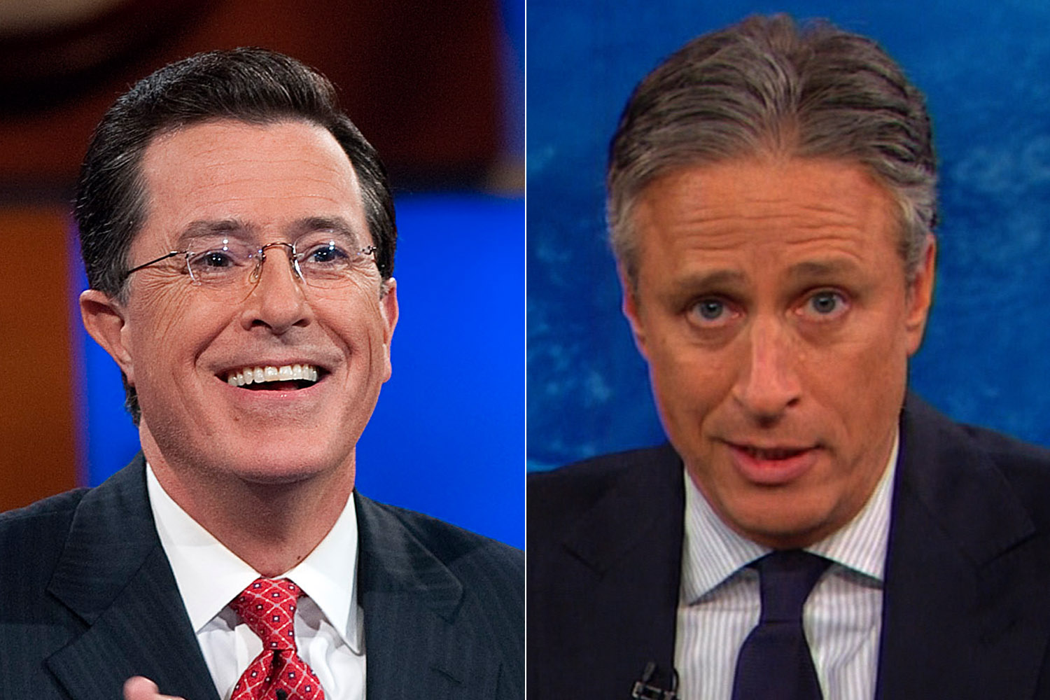 From left to right, Stephen Colbert and Jon Stewart. 