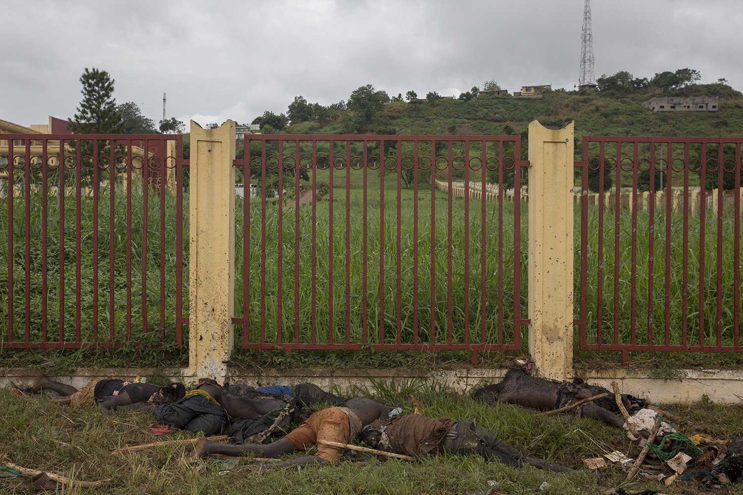 A dozen bodies of christians (some antibalakas fighters and some civilians) lay down in front of the National Assembly (= parliament)