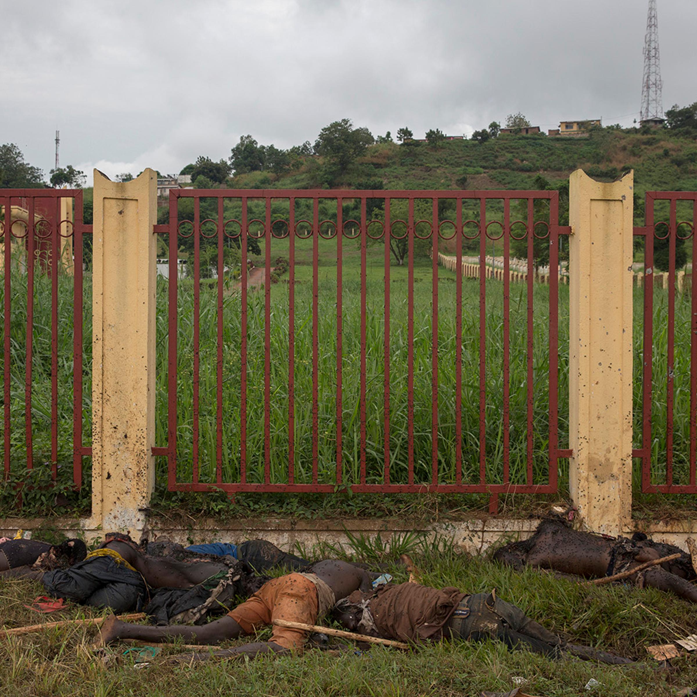 A dozen bodies of christians (some antibalakas fighters and some civilians) lay down in front of the National Assembly (= parliament)