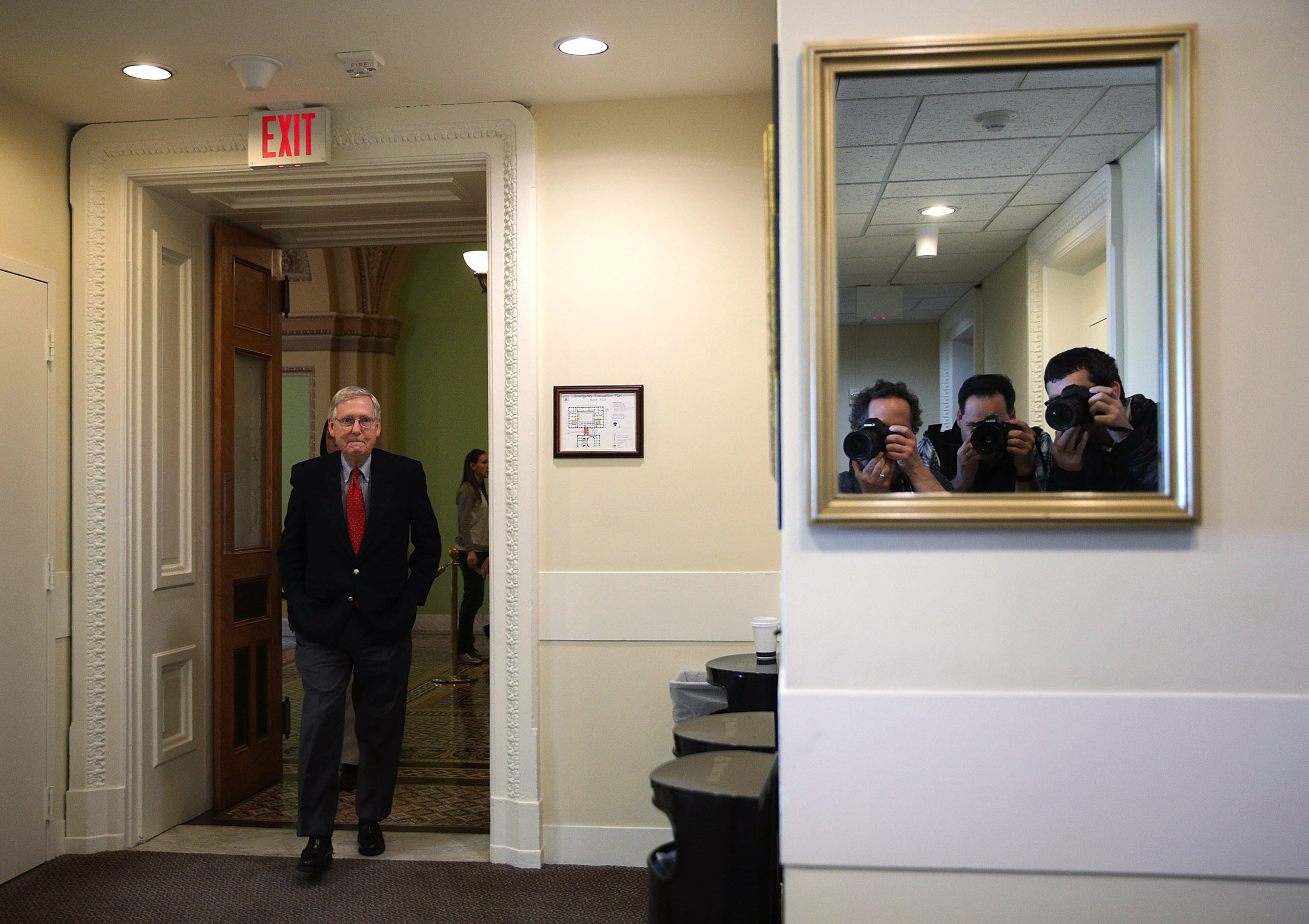 WASHINGTON, DC - FEBRUARY 17: U.S. Senate Majority Leader Sen. Mitch McConnell (R-KY) arrives for a news conference at the Capitol February 17, 2017 on Capitol Hill in Washington, DC. McConnell spoke on various topics, including the confirmation vote for
