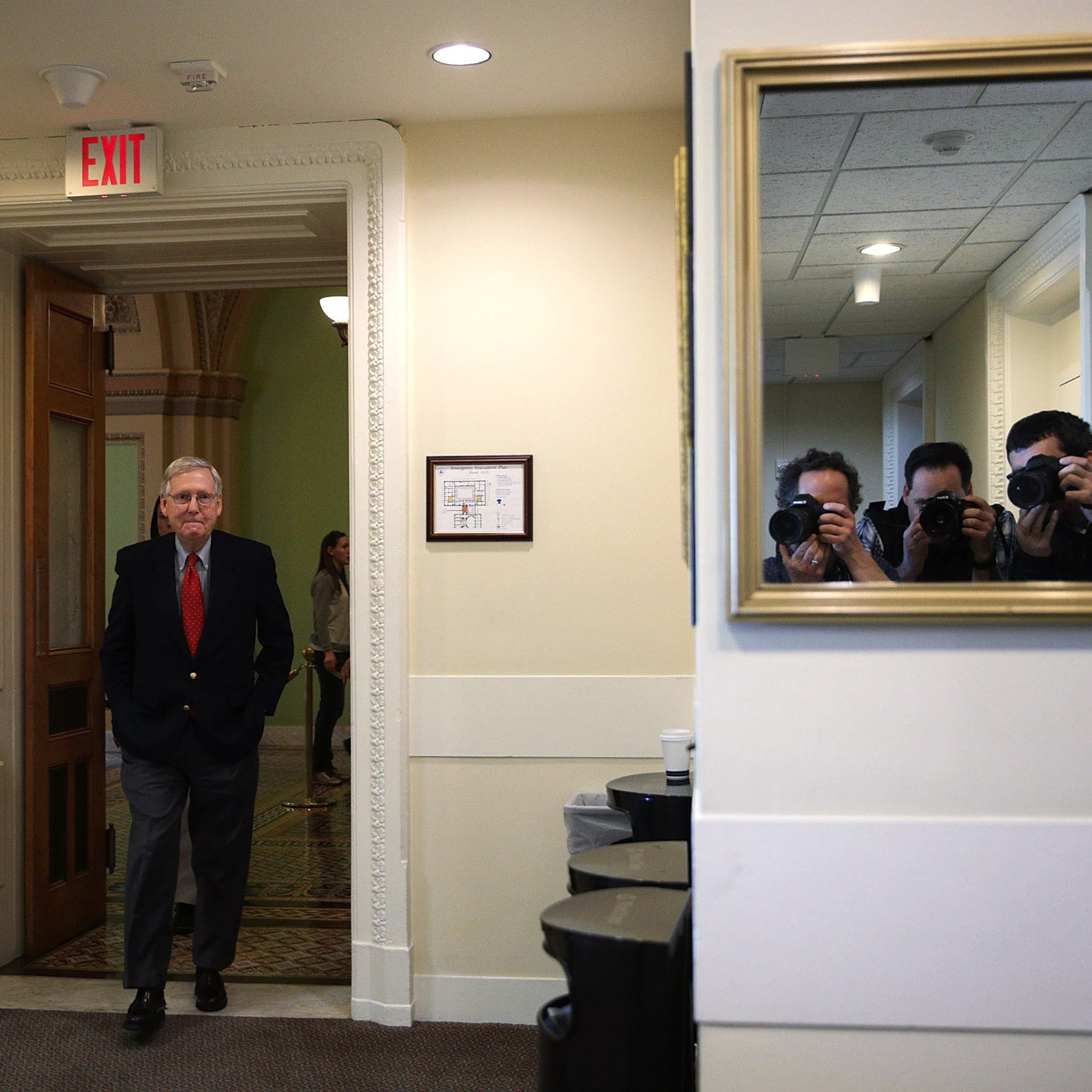 WASHINGTON, DC - FEBRUARY 17: U.S. Senate Majority Leader Sen. Mitch McConnell (R-KY) arrives for a news conference at the Capitol February 17, 2017 on Capitol Hill in Washington, DC. McConnell spoke on various topics, including the confirmation vote for