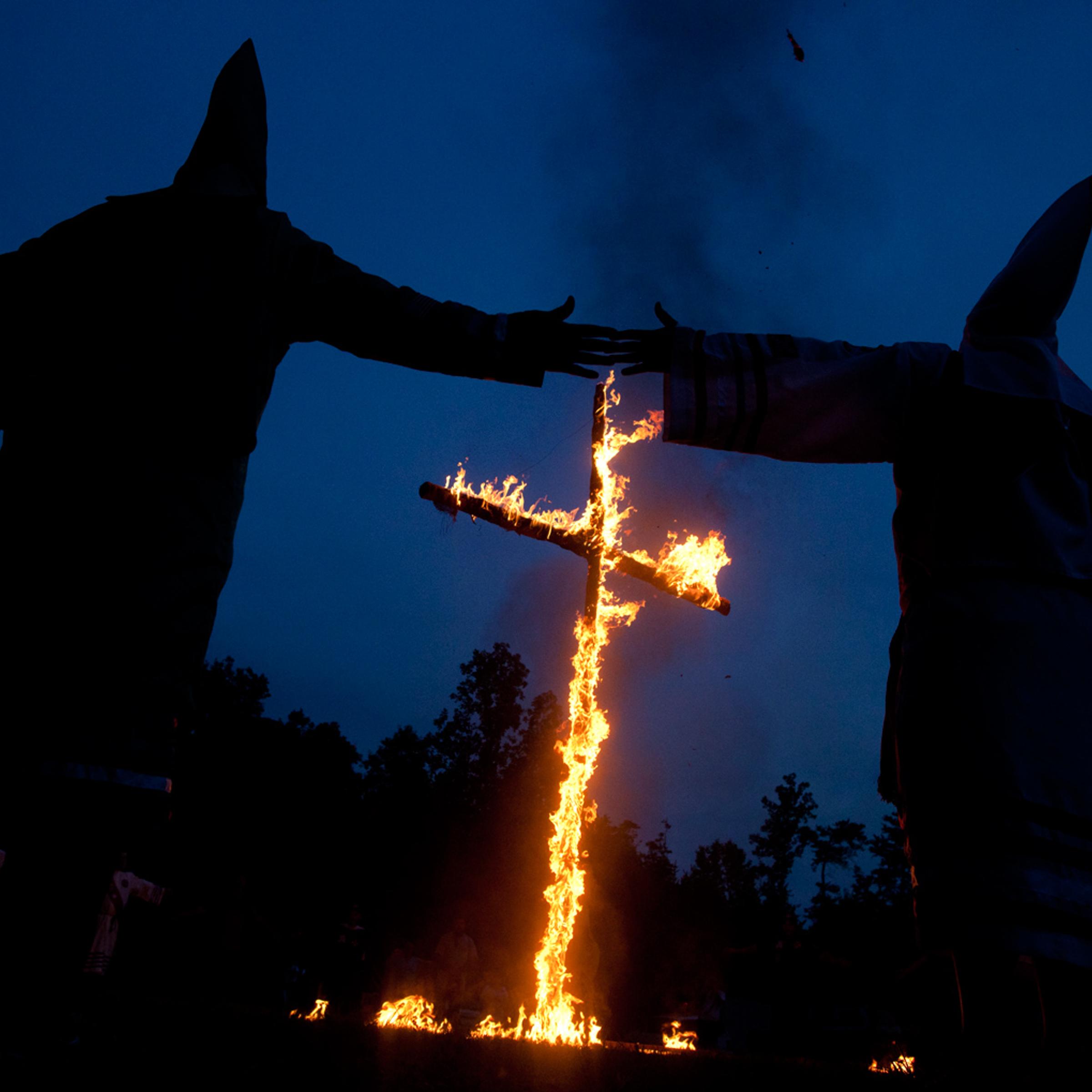 The Rebel Brigade Knights of the Ku Klux Klan during a cross-burning ceremony on July 2, 2011.