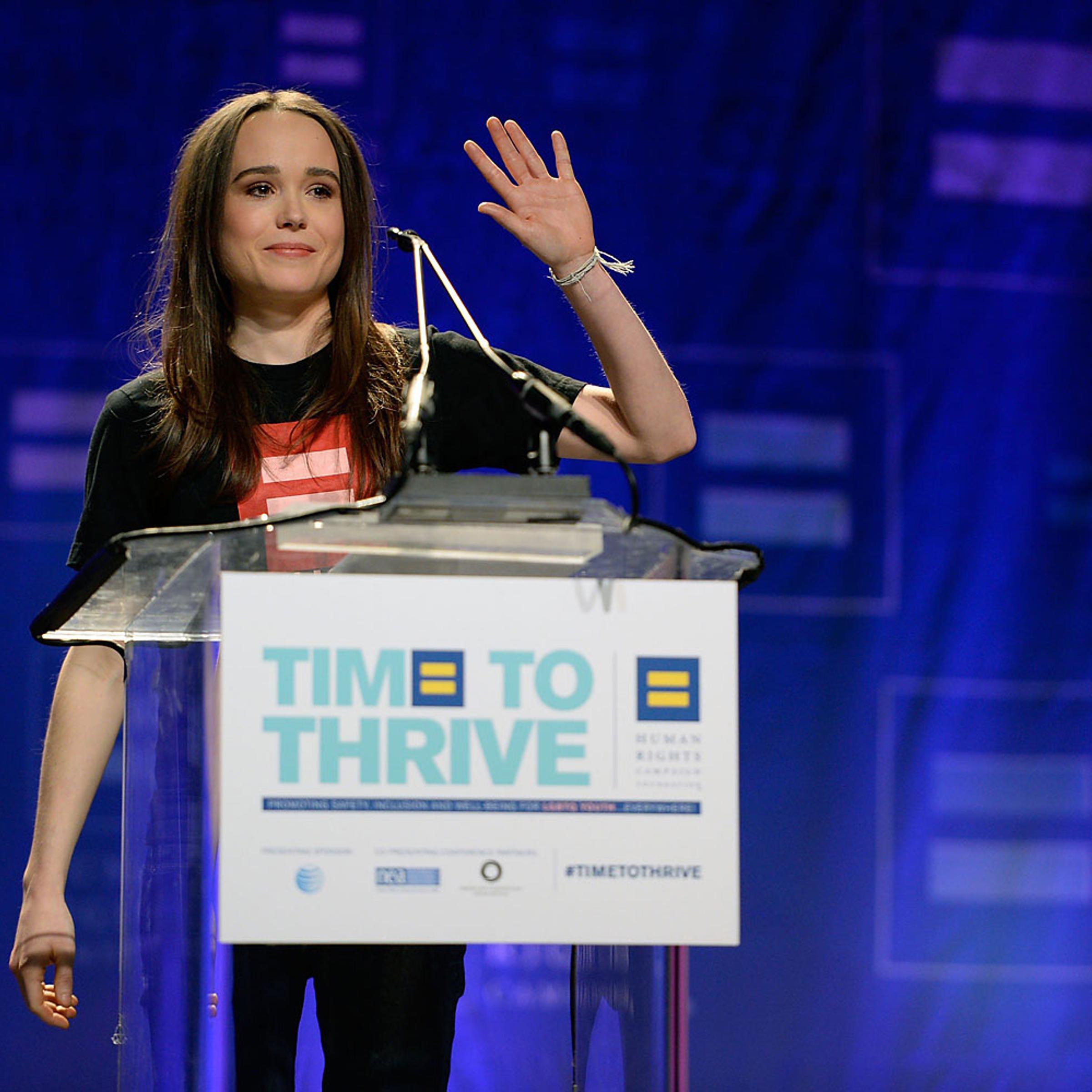 Actress Ellen Page comes out as gay at the Human Rights Campaign's Time to Thrive Conference, on Friday, February, 14, 2014 in Las Vegas.