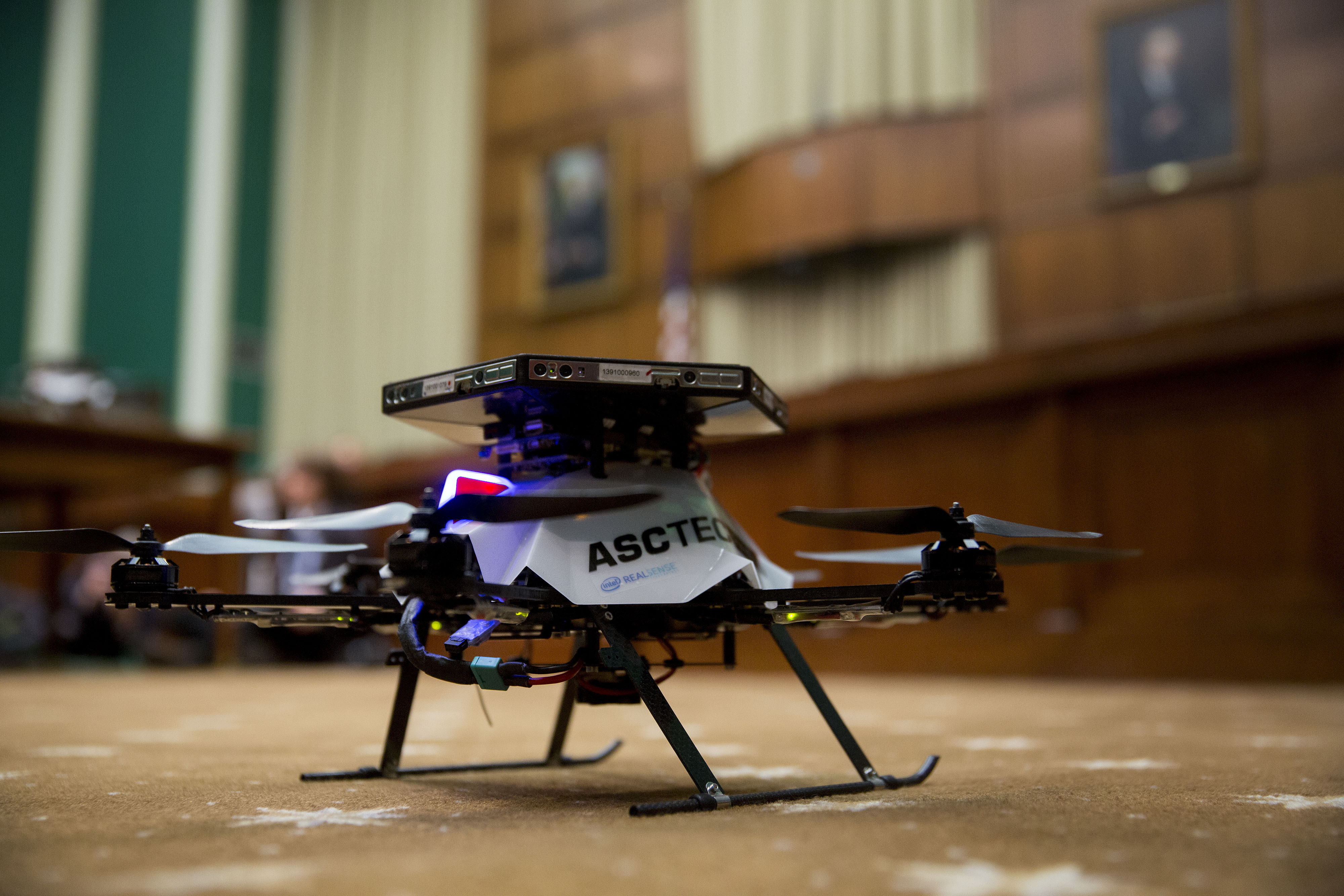 An AscTec Firefly drone sits on the floor during a House Energy and Commerce subcommittee hearing in Washington, D.C. on Nov. 19, 2015.