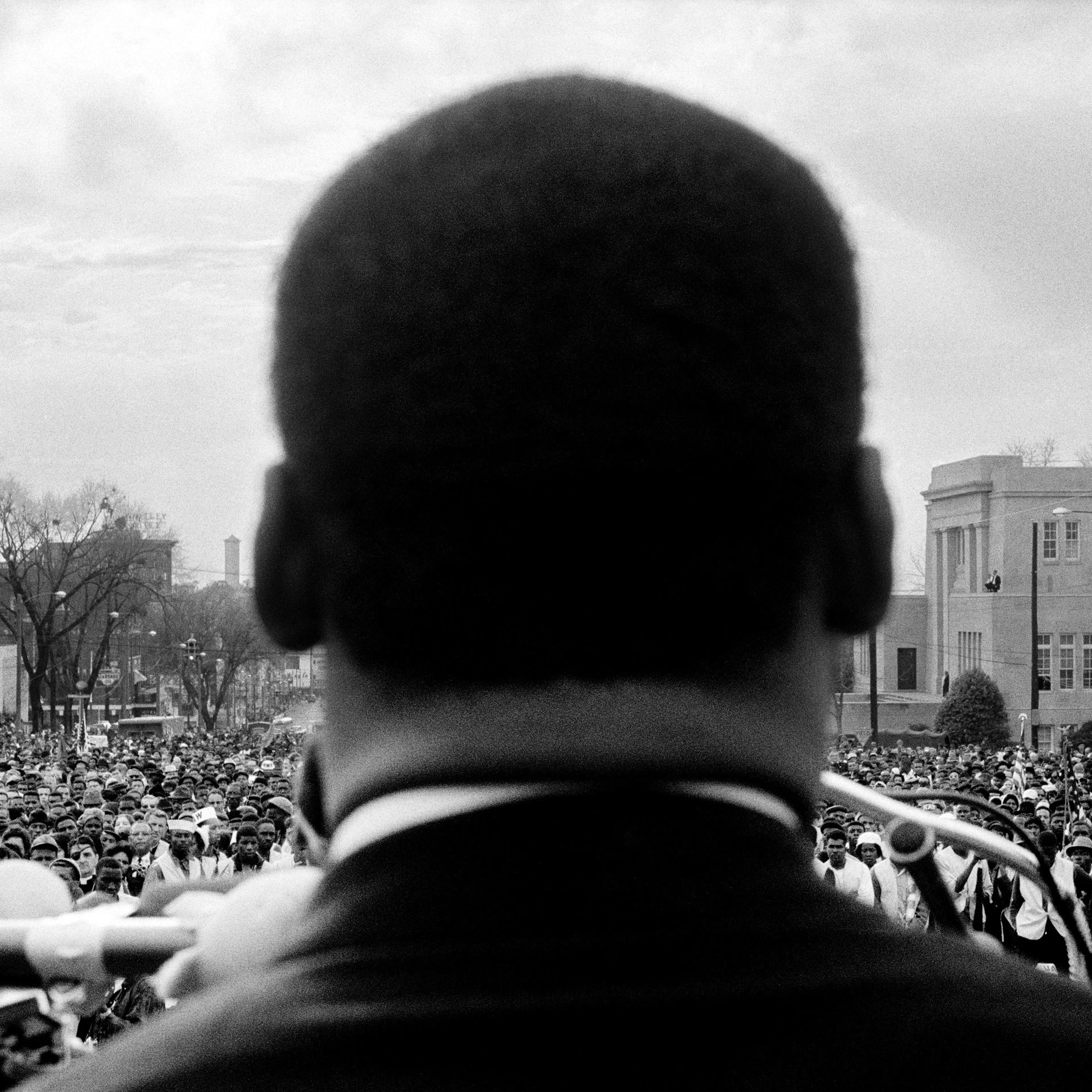 Dr. Martin Luther King, Jr. spoke in front of 25,000 civil rights marchers at the conclusion of the Selma to Montgomery march in front of Alabama state capital building on March 25, 1965 in Montgomery, Ala.