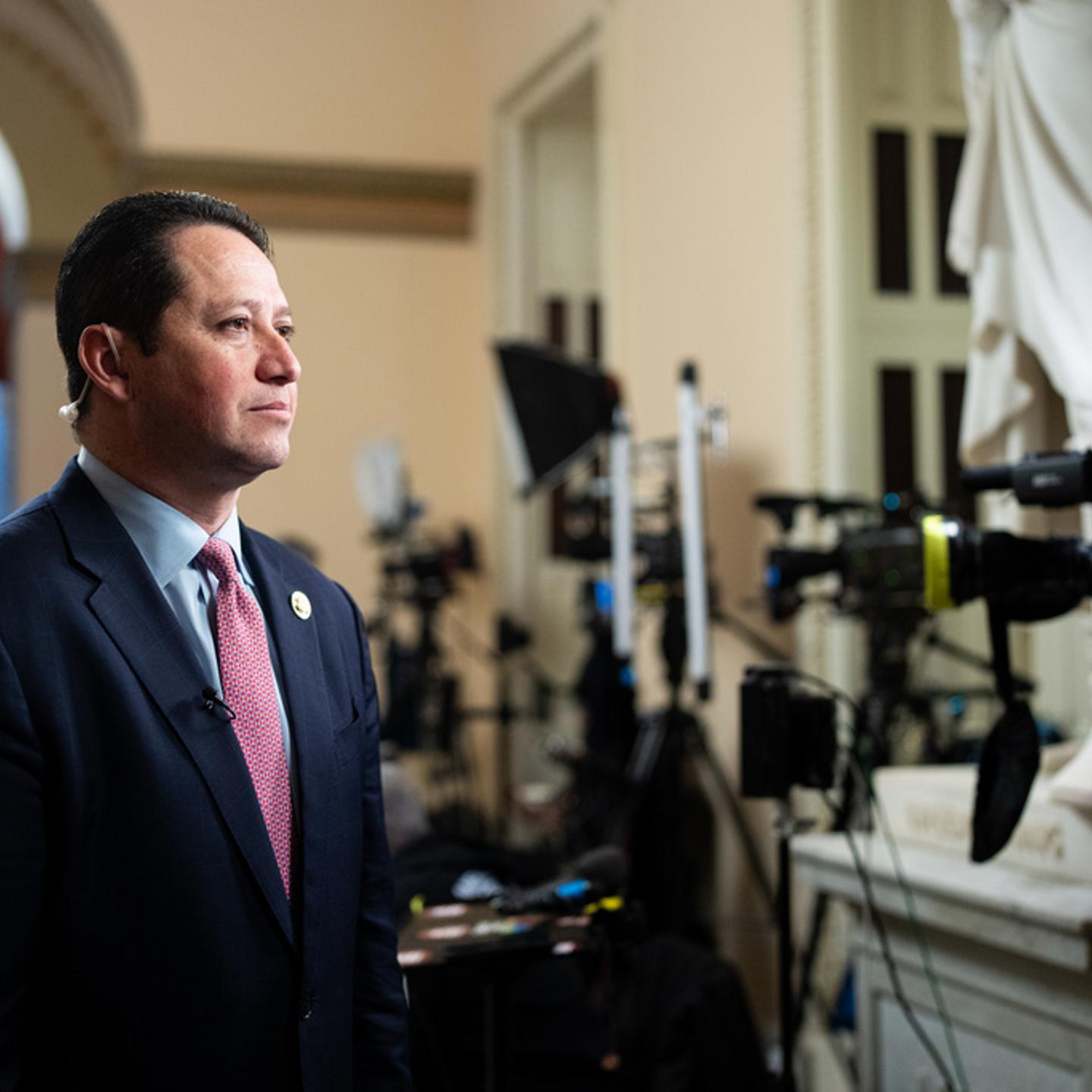 Rep. Tony Gonzales (R-Texas) does a TV news interview in the U.S. Capitol on Feb. 3, 2026.