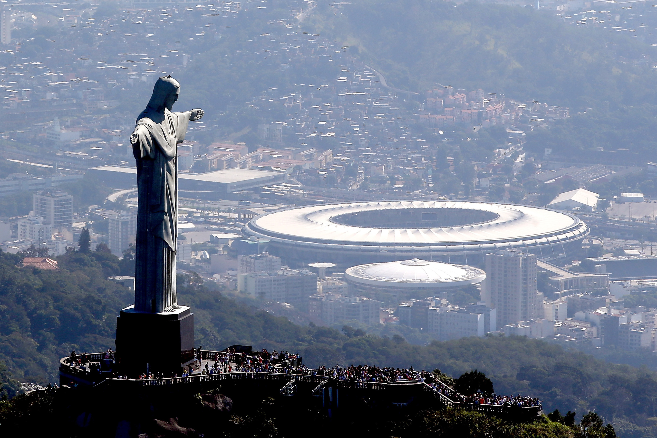 Aerial view of Christ the Redeemer with Maracana Stadium in the background in preparation for the 2016 Olympic Games in Rio de Janeiro, Brazil, on July 4, 2016.