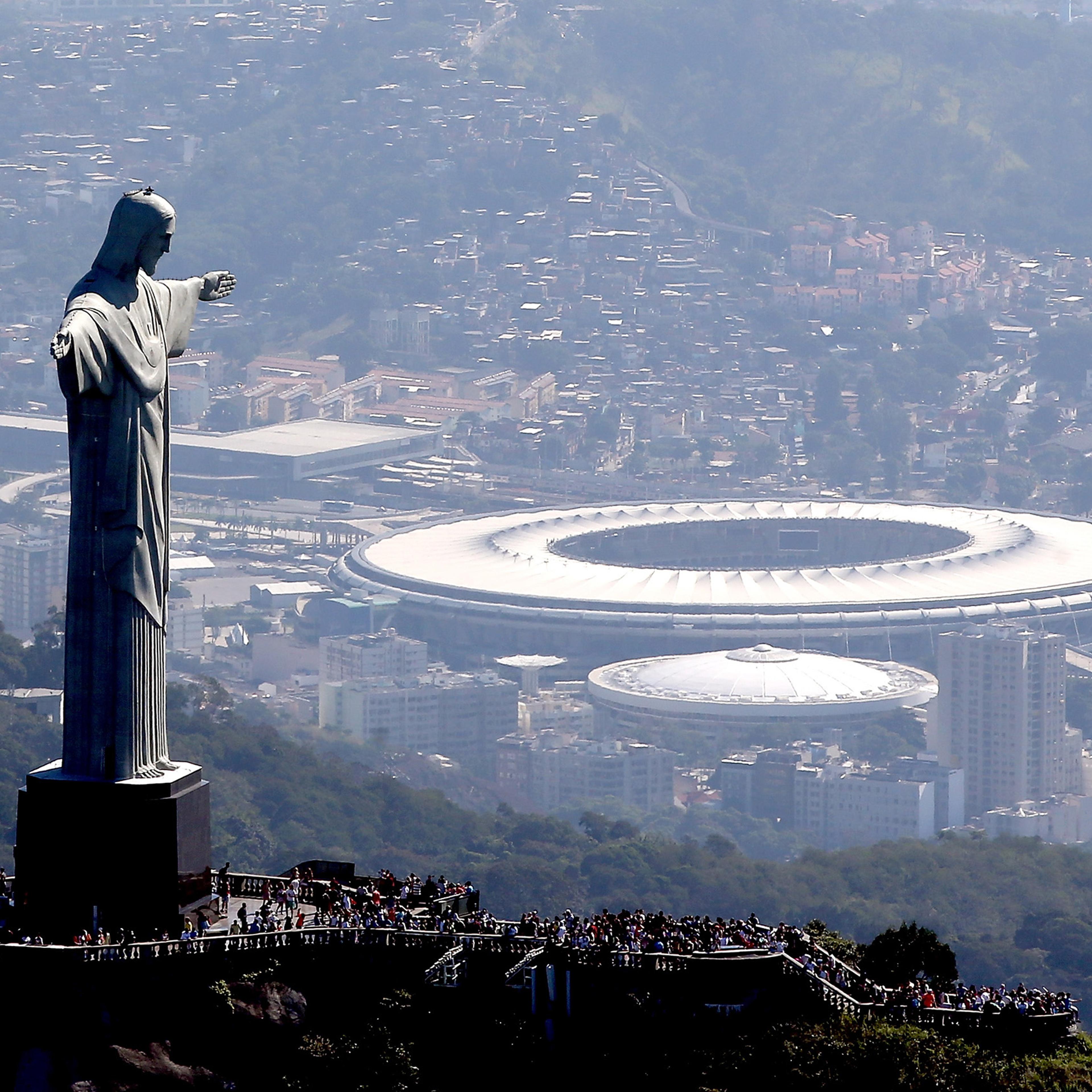Aerial view of Christ the Redeemer with Maracana Stadium in the background in preparation for the 2016 Olympic Games in Rio de Janeiro, Brazil, on July 4, 2016.