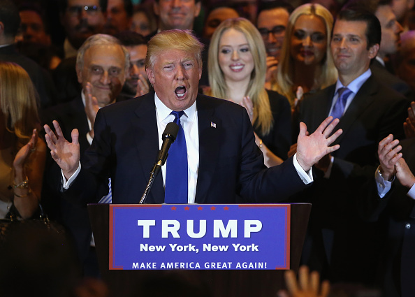 Republican Presidential candidate Donald Trump speaks after winning the New York state primary on April 19, 2016 in New York City. Trump held the press conference at Trump Tower in Manhattan.