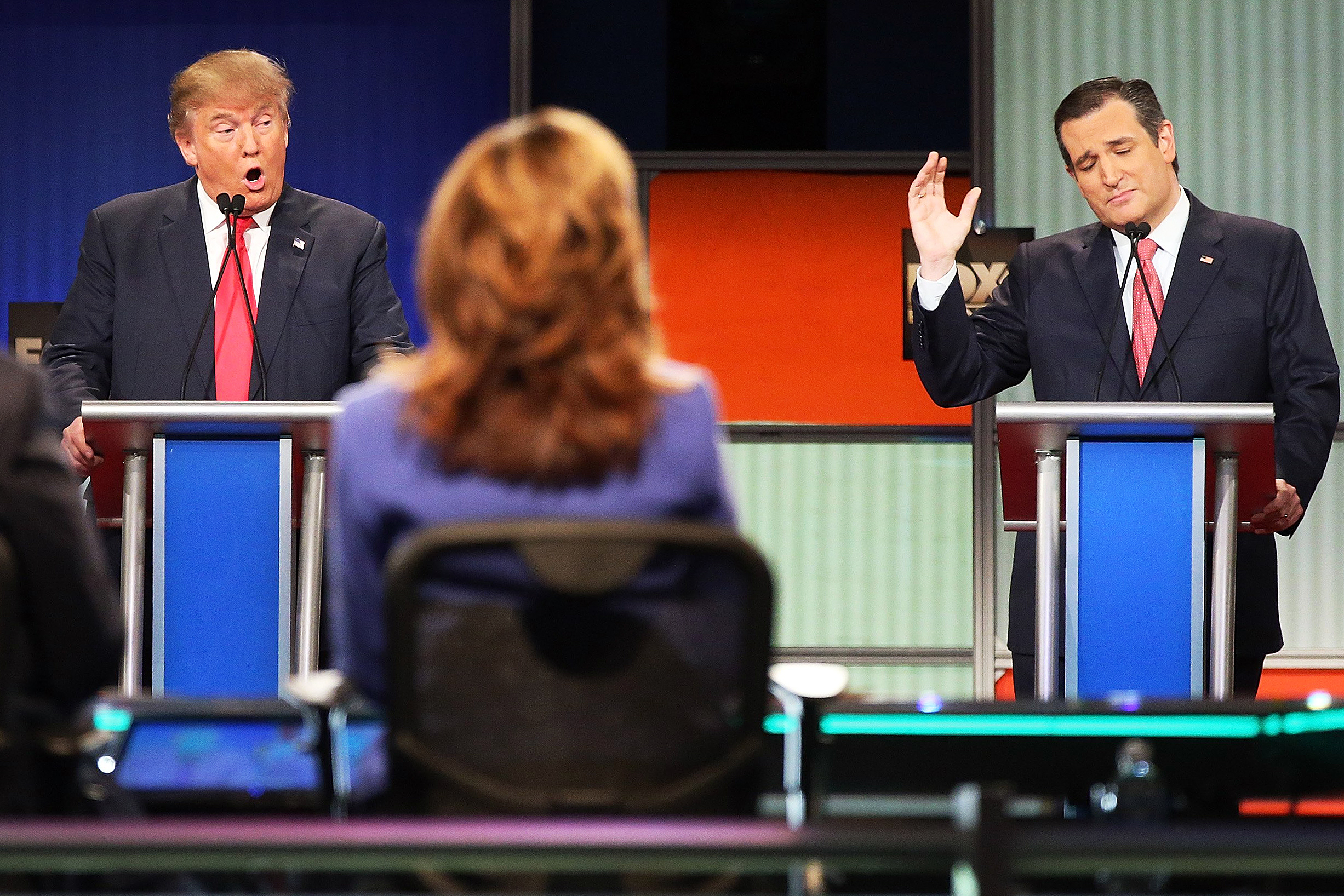 Republican presidential candidates Donald Trump, left, and Sen. Ted Cruz (R-TX) participate in the Republican presidential debate at the North Charleston Coliseum and Performing Arts Center on Jan. 14, 2016 in North Charleston, S.C.