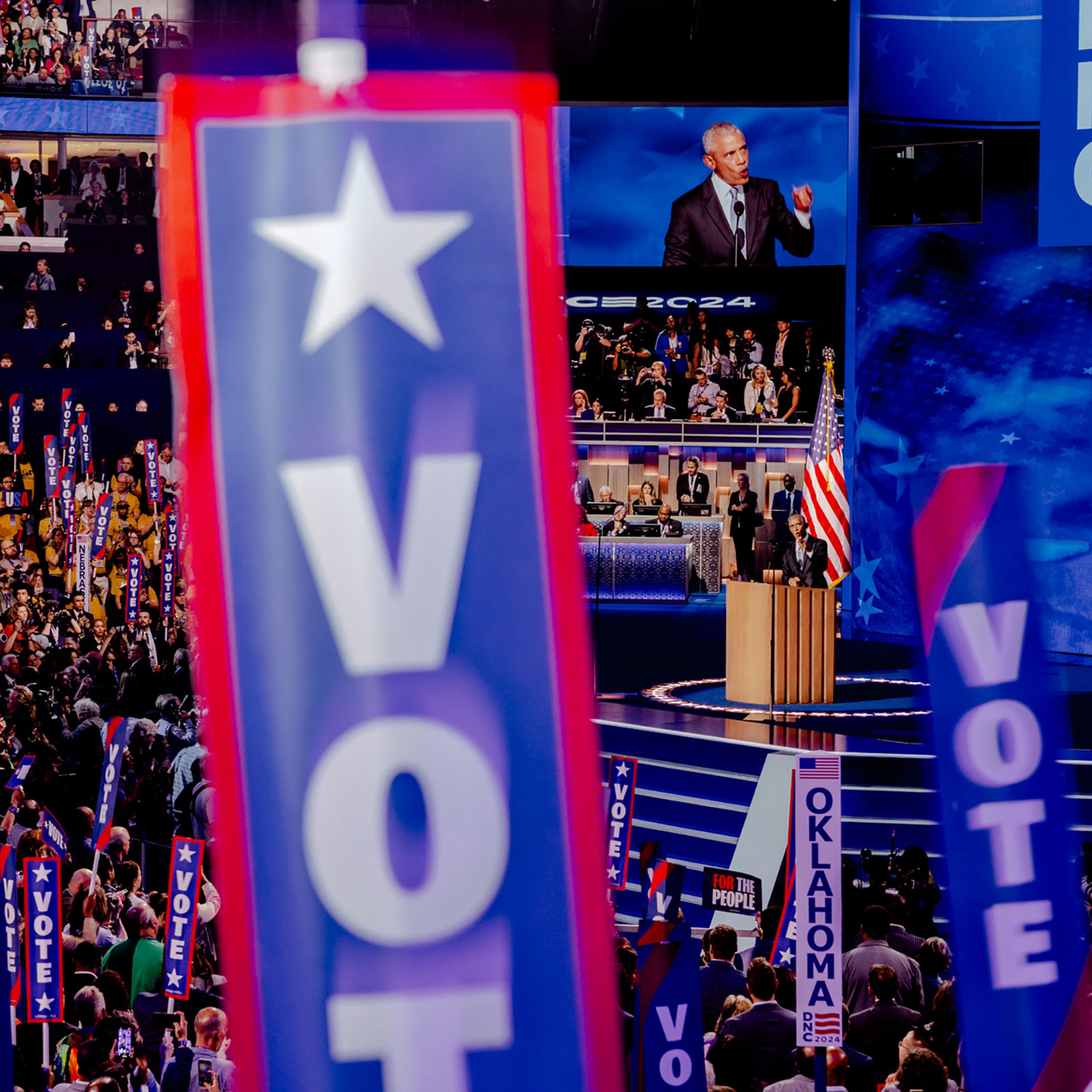 Former President Barack Obama speaks at the Democratic National Conventions in Chicago on Aug. 21, 2024.