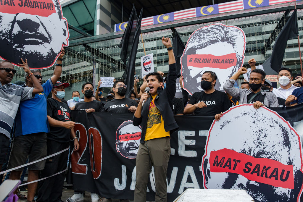 Muar MP Syed Saddiq addresses protesters gathered at the SOGO shopping complex demanding the resignation of Defence Minister, Hishammuddin Hussein after failing to take responsibility for the handling of the Royal Malaysian Navy's multi-billion ringgit L