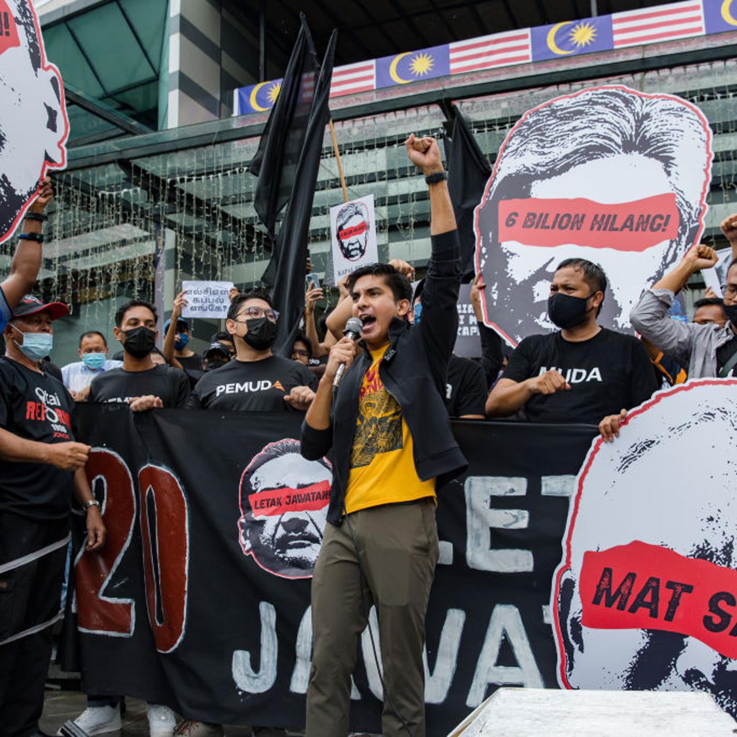 Muar MP Syed Saddiq addresses protesters gathered at the SOGO shopping complex demanding the resignation of Defence Minister, Hishammuddin Hussein after failing to take responsibility for the handling of the Royal Malaysian Navy's multi-billion ringgit L