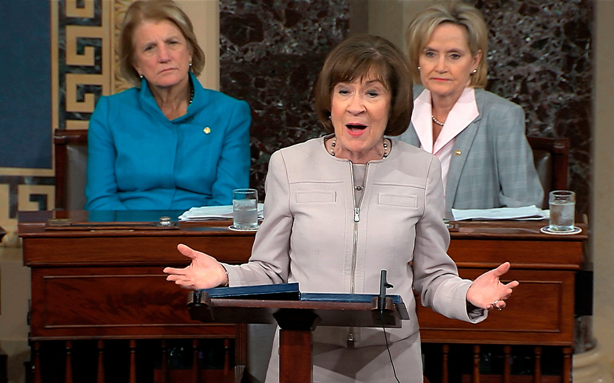 In this image from video provided by Senate TV, Sen. Susan Collins, R-Maine., speaks on the Senate floor about her vote on Supreme Court nominee Judge Brett Kananaugh, in the Capitol in Washington on Oct. 5, 2018.