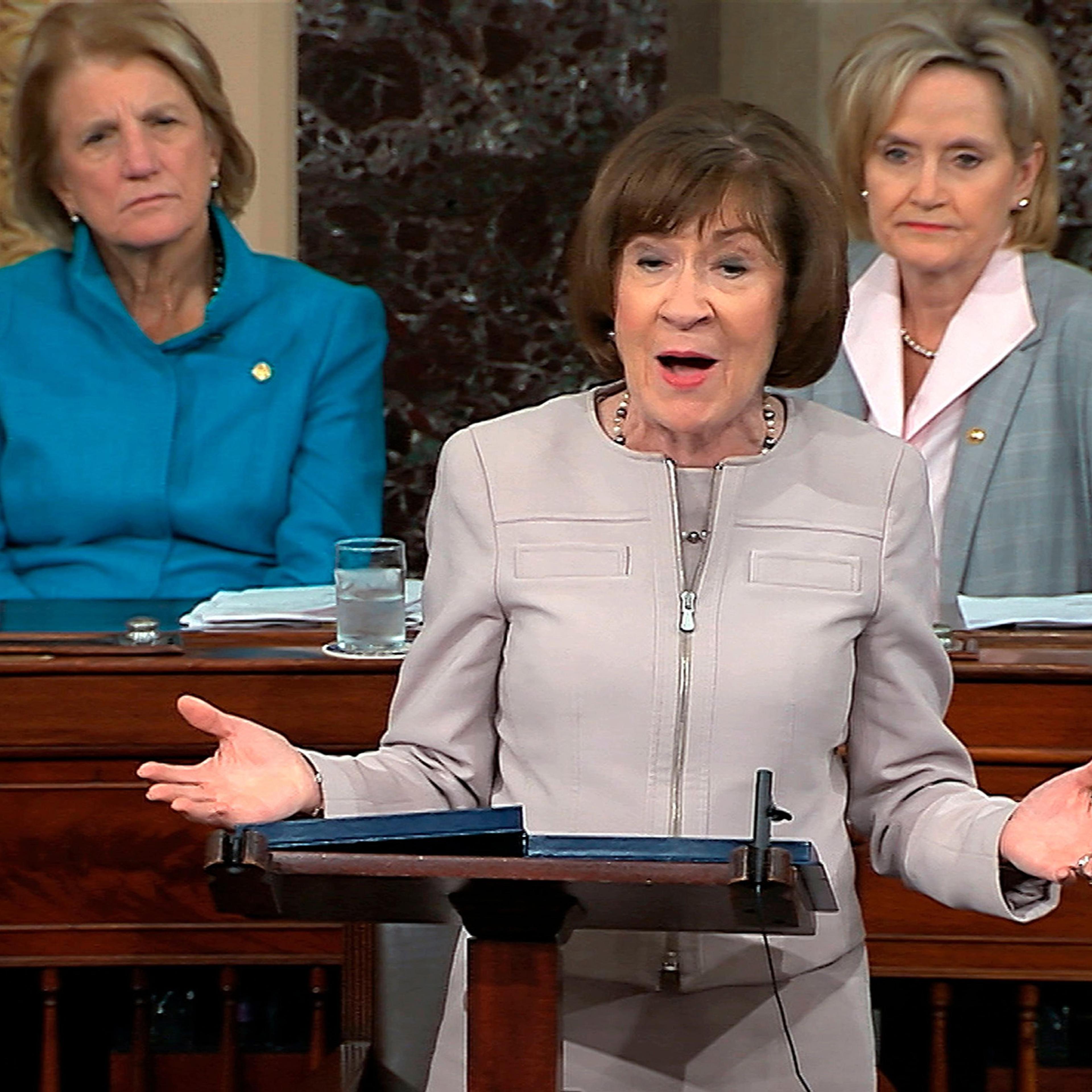 In this image from video provided by Senate TV, Sen. Susan Collins, R-Maine., speaks on the Senate floor about her vote on Supreme Court nominee Judge Brett Kananaugh, in the Capitol in Washington on Oct. 5, 2018.