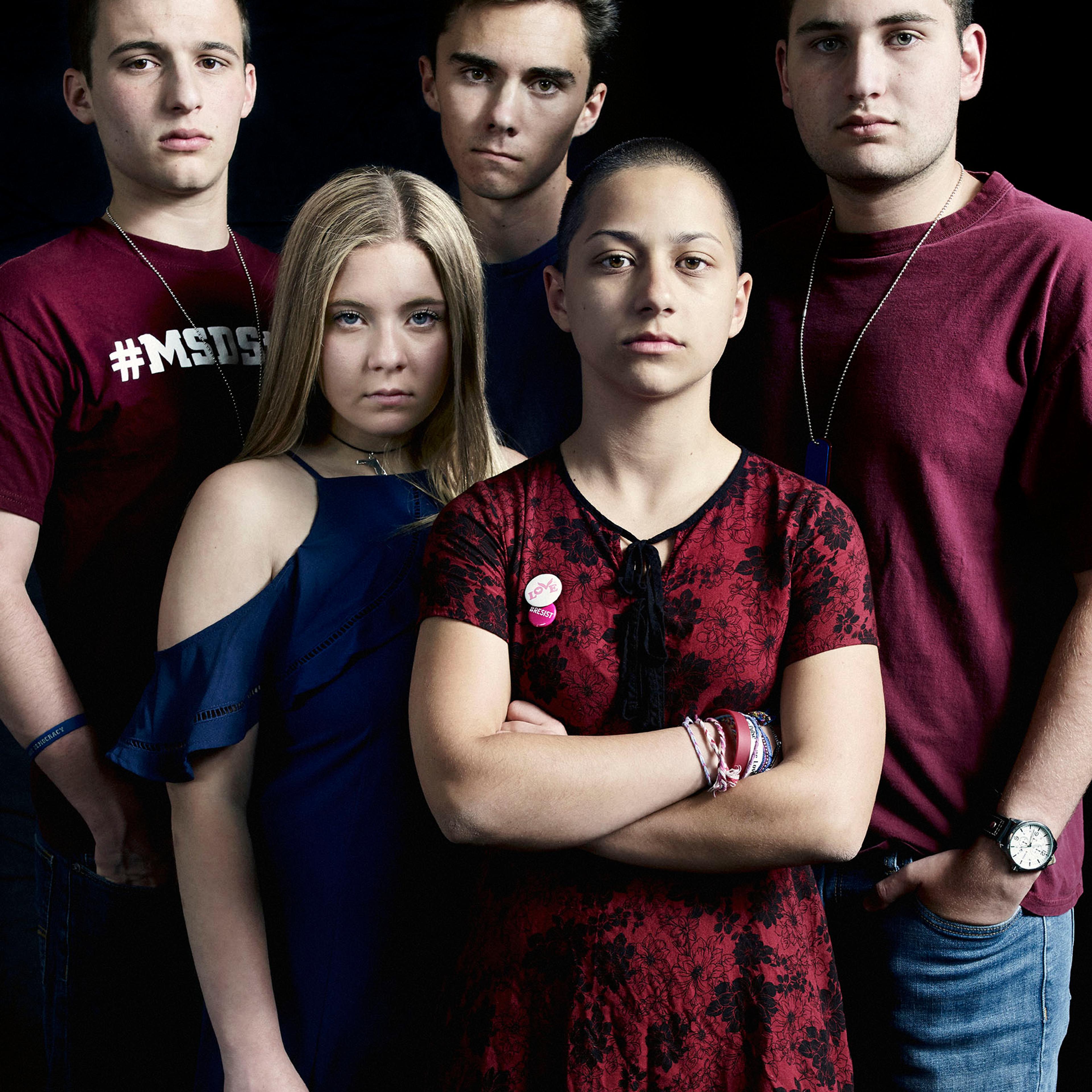 arkland students Emma Gonzales Alex Wind Cameron Kasky David Hogg Jaclyn Corin stand for a portrait