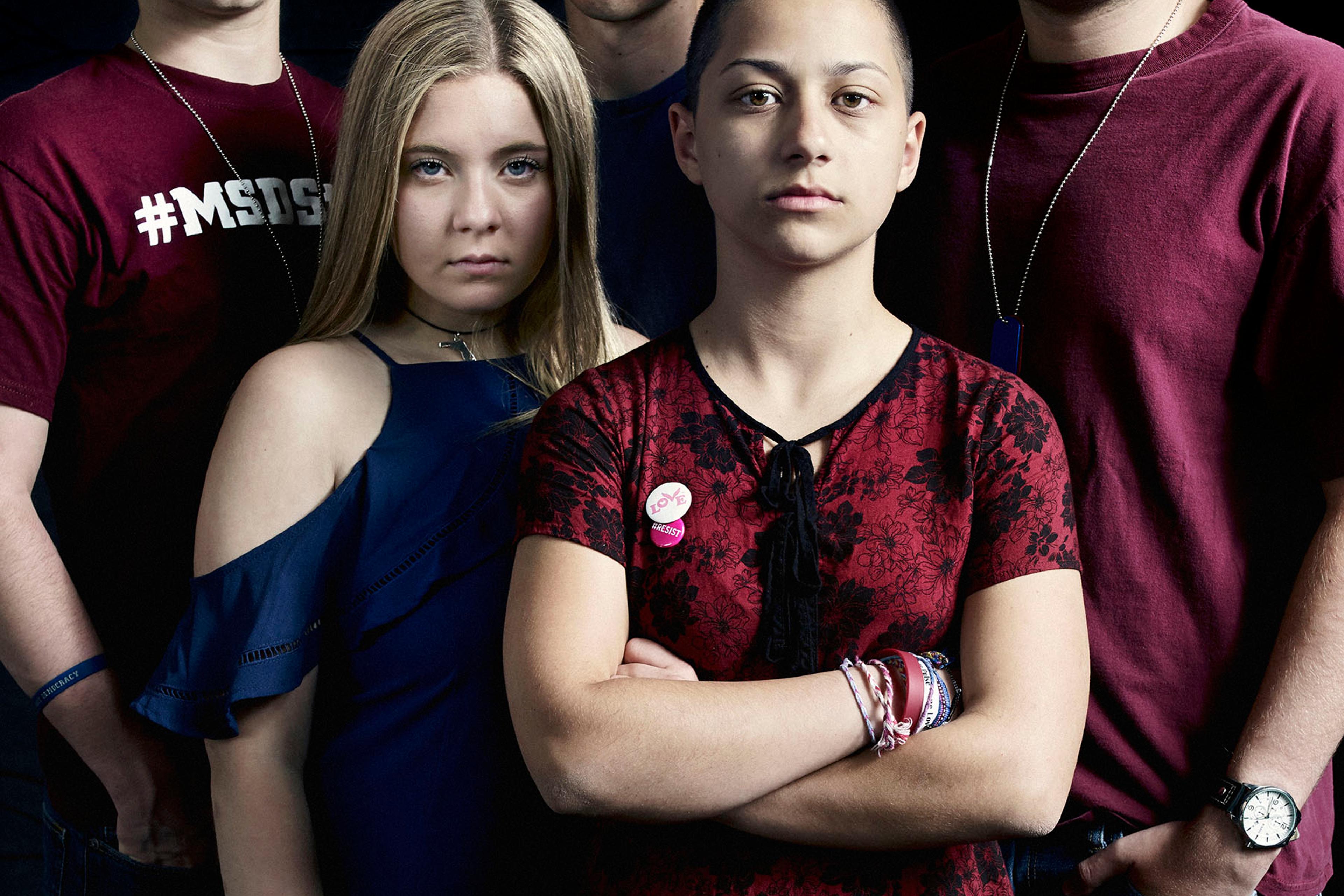 arkland students Emma Gonzales Alex Wind Cameron Kasky David Hogg Jaclyn Corin stand for a portrait