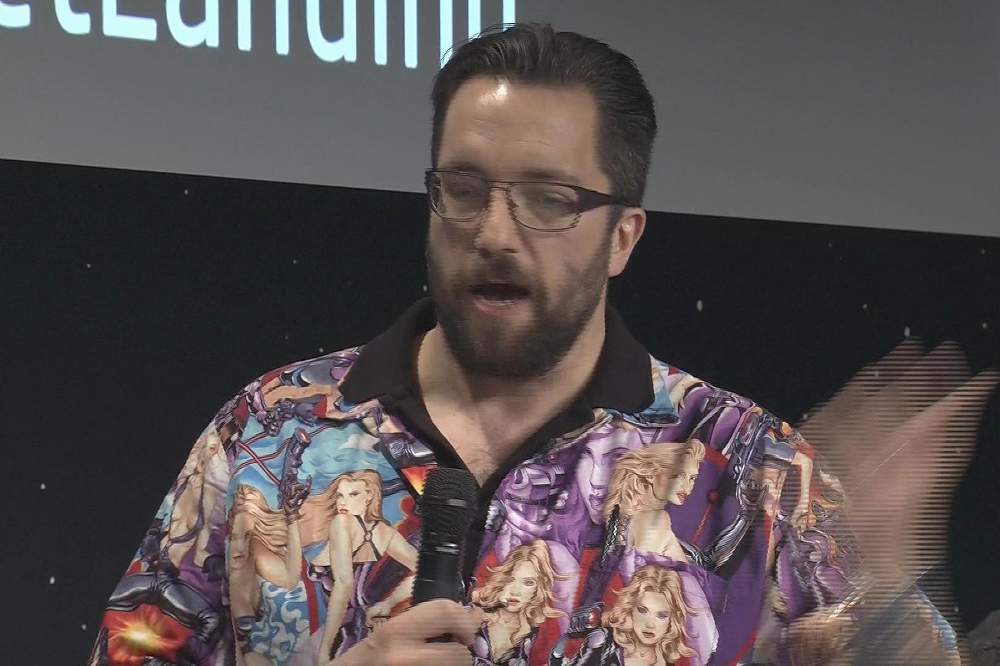 British physicist Matt Taylor sporting a garish shirt featuring a collage of pin-up girls during an interview at the satellite control centre of the European Space Agency in Darmstadt, Germany on Nov. 13, 2014.