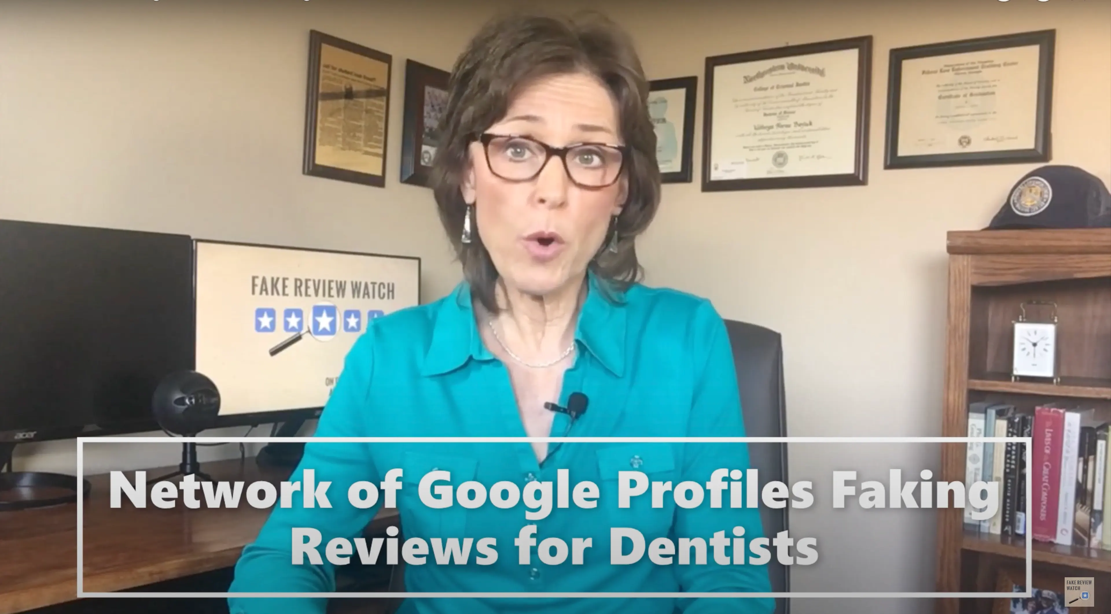 Kay Dean, seen here in a recent video on her “Fake Review Watch” YouTube channel, is a former federal investigator.