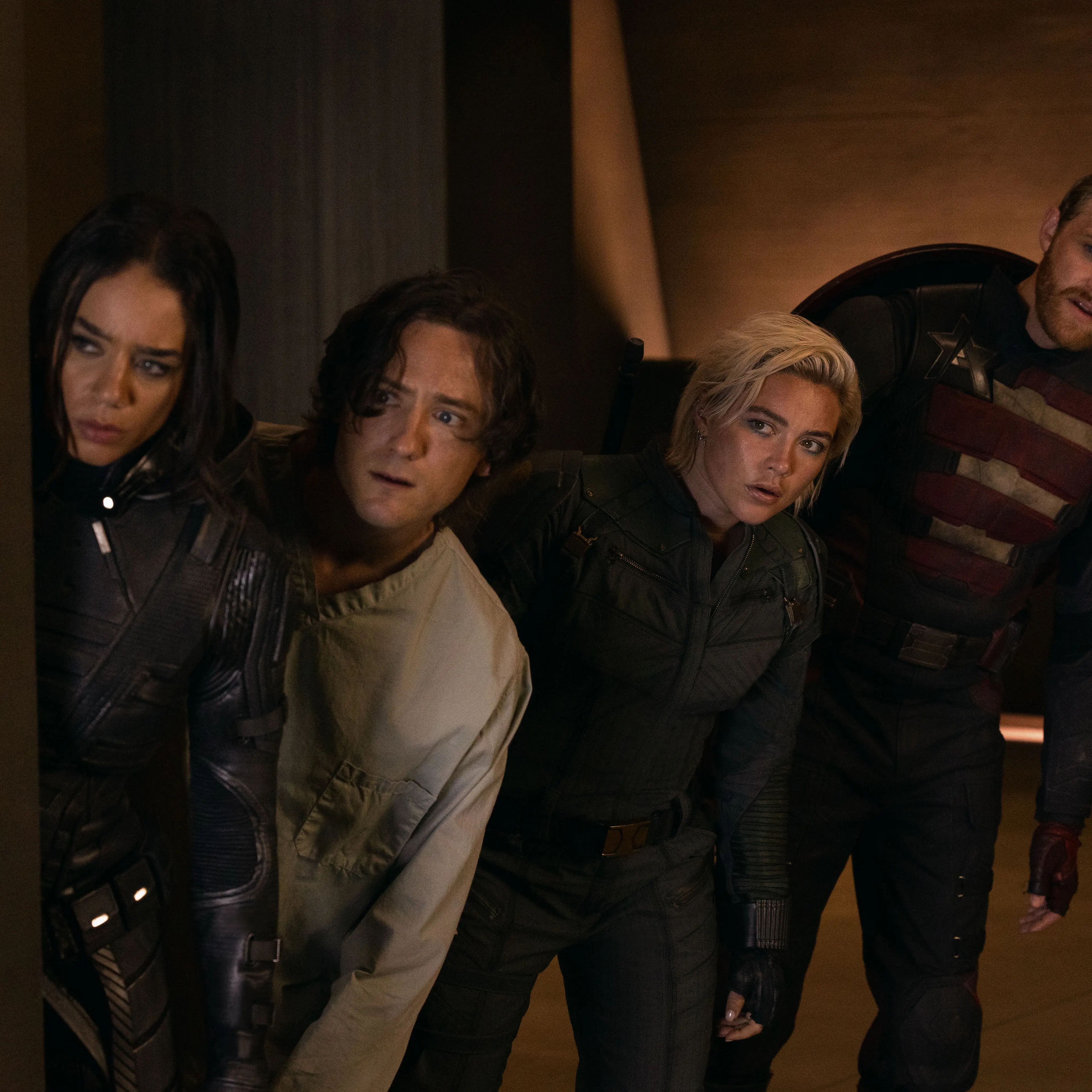 Ghost (Hannah John-Kamen), Bob (Lewis Pullman), Yelena Belova (Florence Pugh) and John Walker (Wyatt Russell) in Thunderbolts*