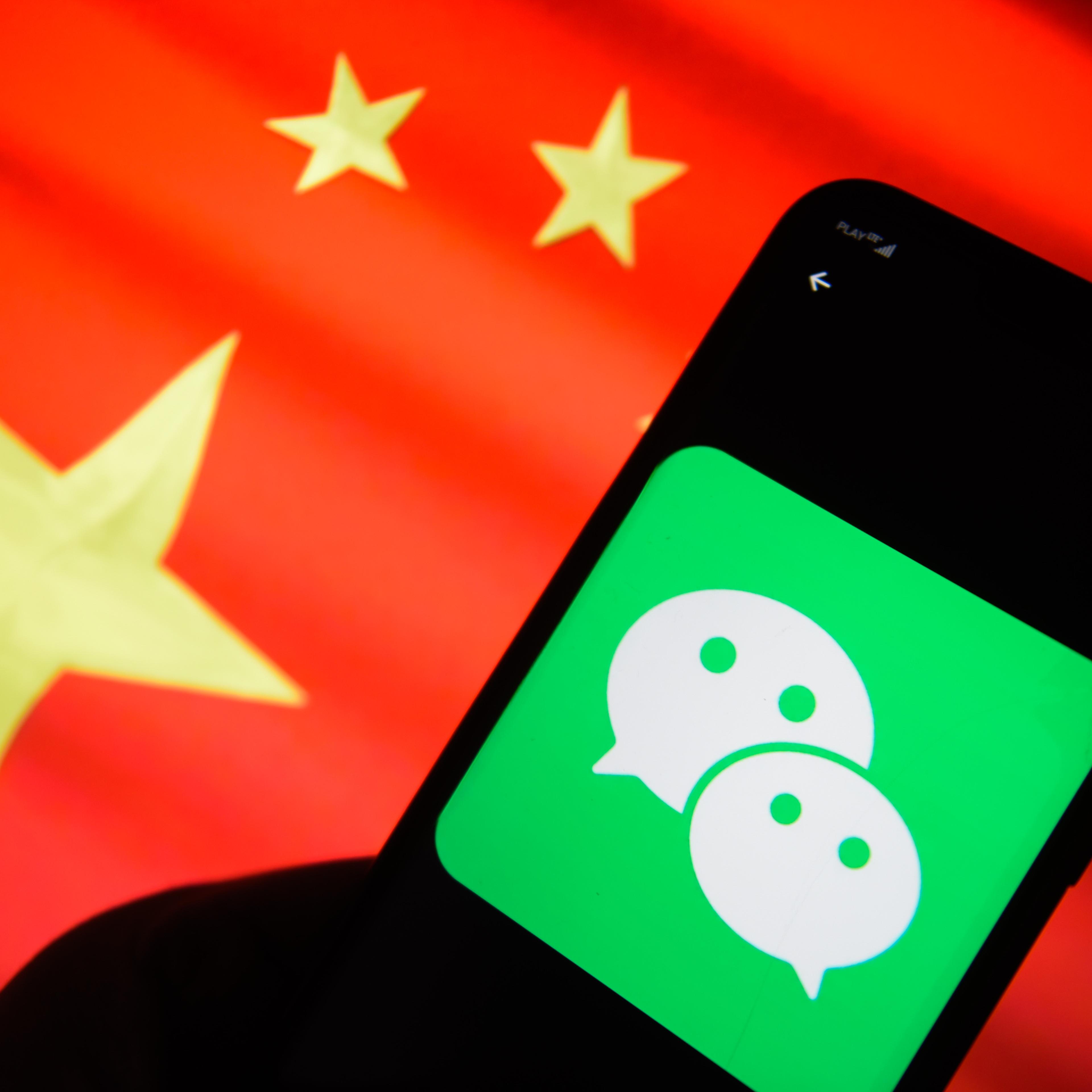 Wechat logo is seen on an android mobile phone with China's