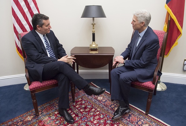 US Senator Ted Cruz, Republican of Texas, speaks with Supreme Court nominee Judge Neil Gorsuch during a meeting at the US Capitol in Washington, DC, February 2, 2017.