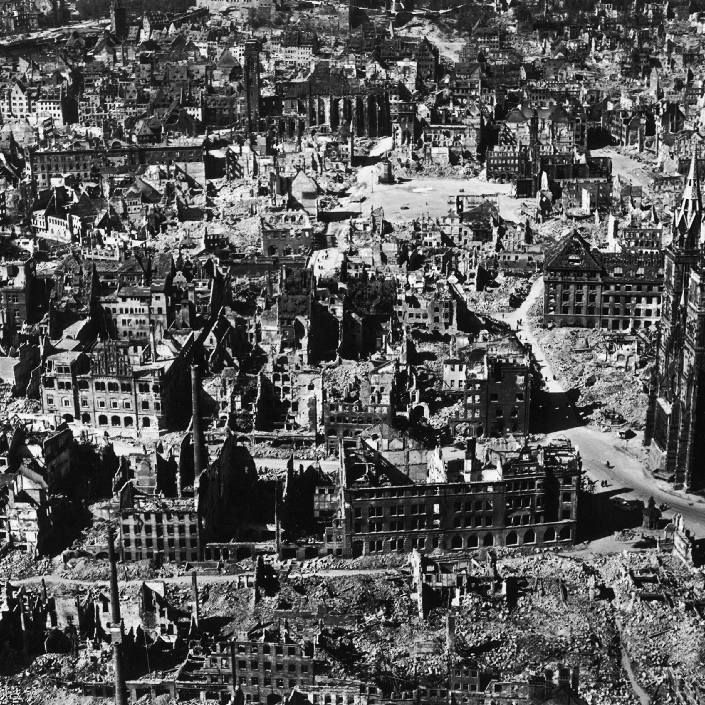 Aerial view of bomb-damaged buildings after an Allied air attack on Nuremberg, Germany, 1945.