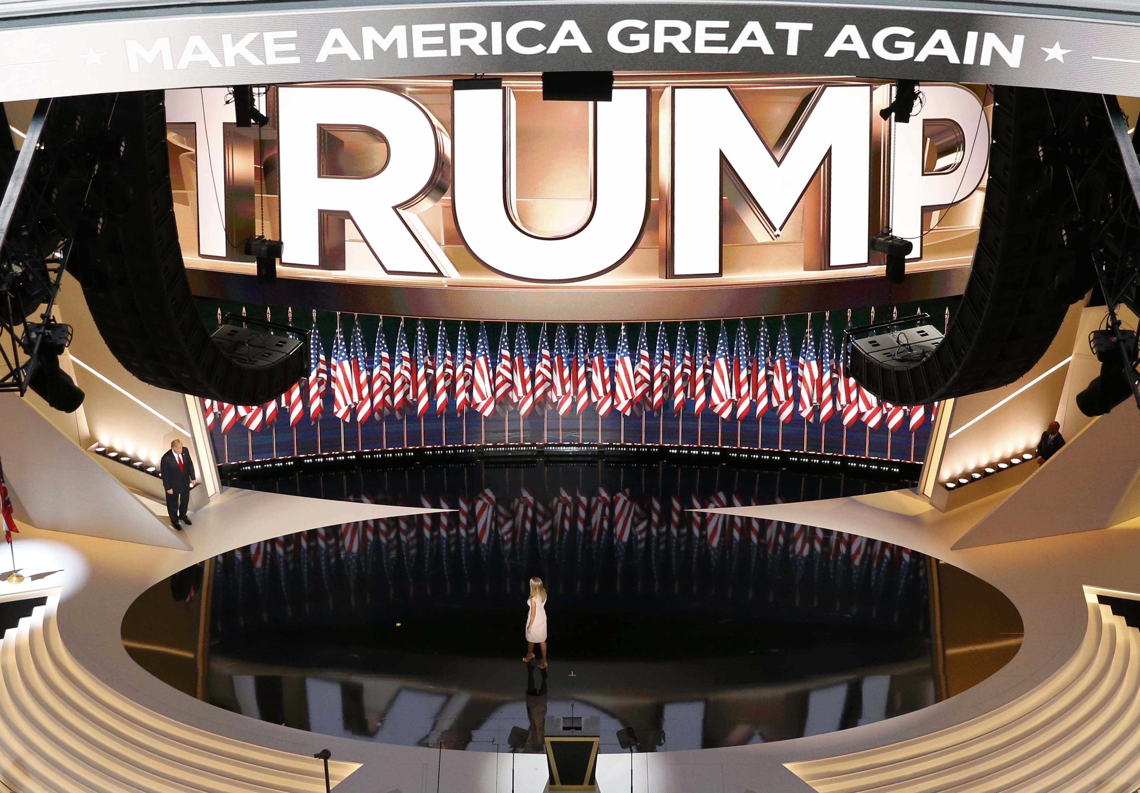 Ivanka Trump welcomes her father, Donald Trump, onstage after at the Republican National Convention in Cleveland on July 21, 2016.