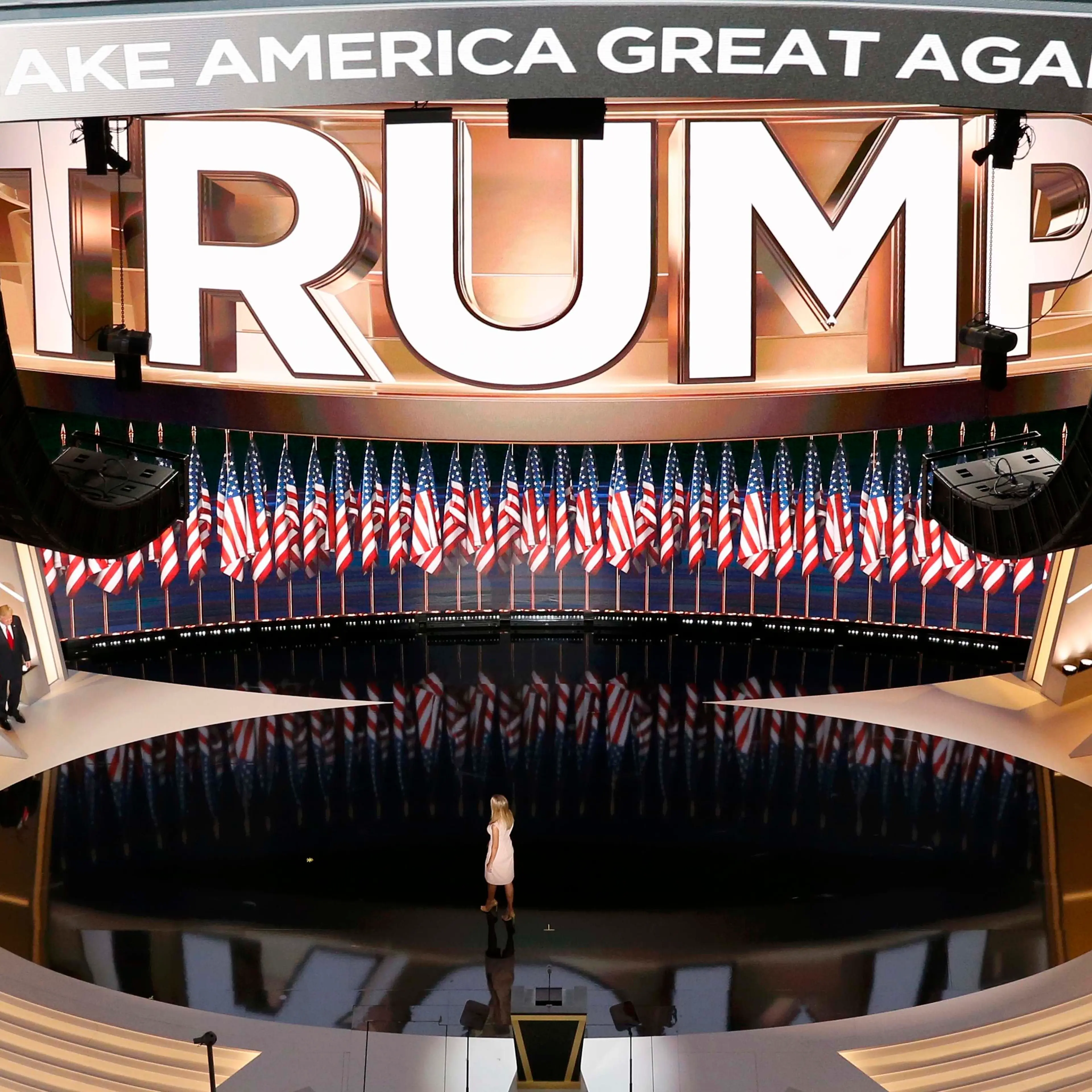 Ivanka Trump welcomes her father, Donald Trump, onstage after at the Republican National Convention in Cleveland on July 21, 2016.