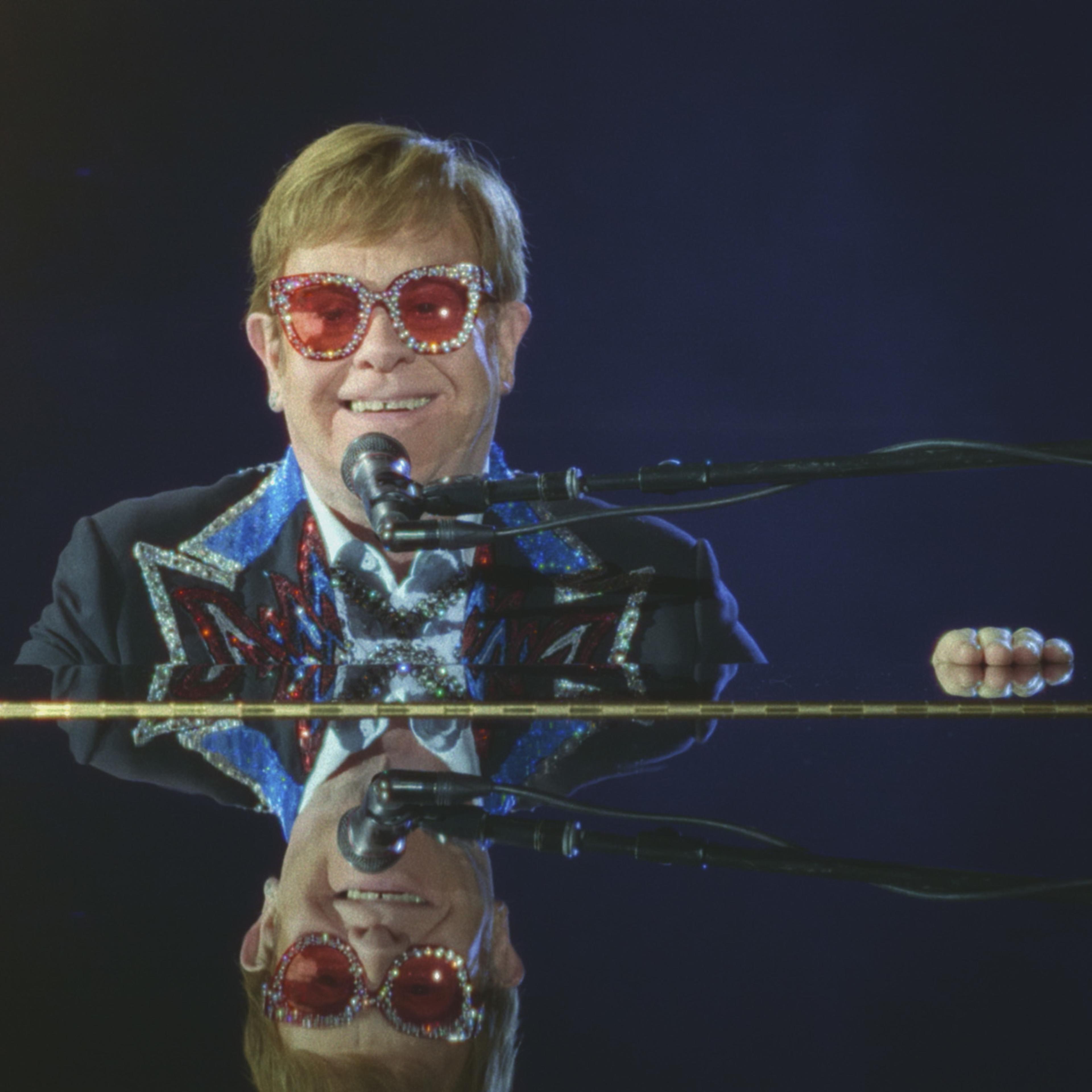 A scene from the Elton John doc on Disney of Elton John at his final concert performance at Dodger Stadium in 2022